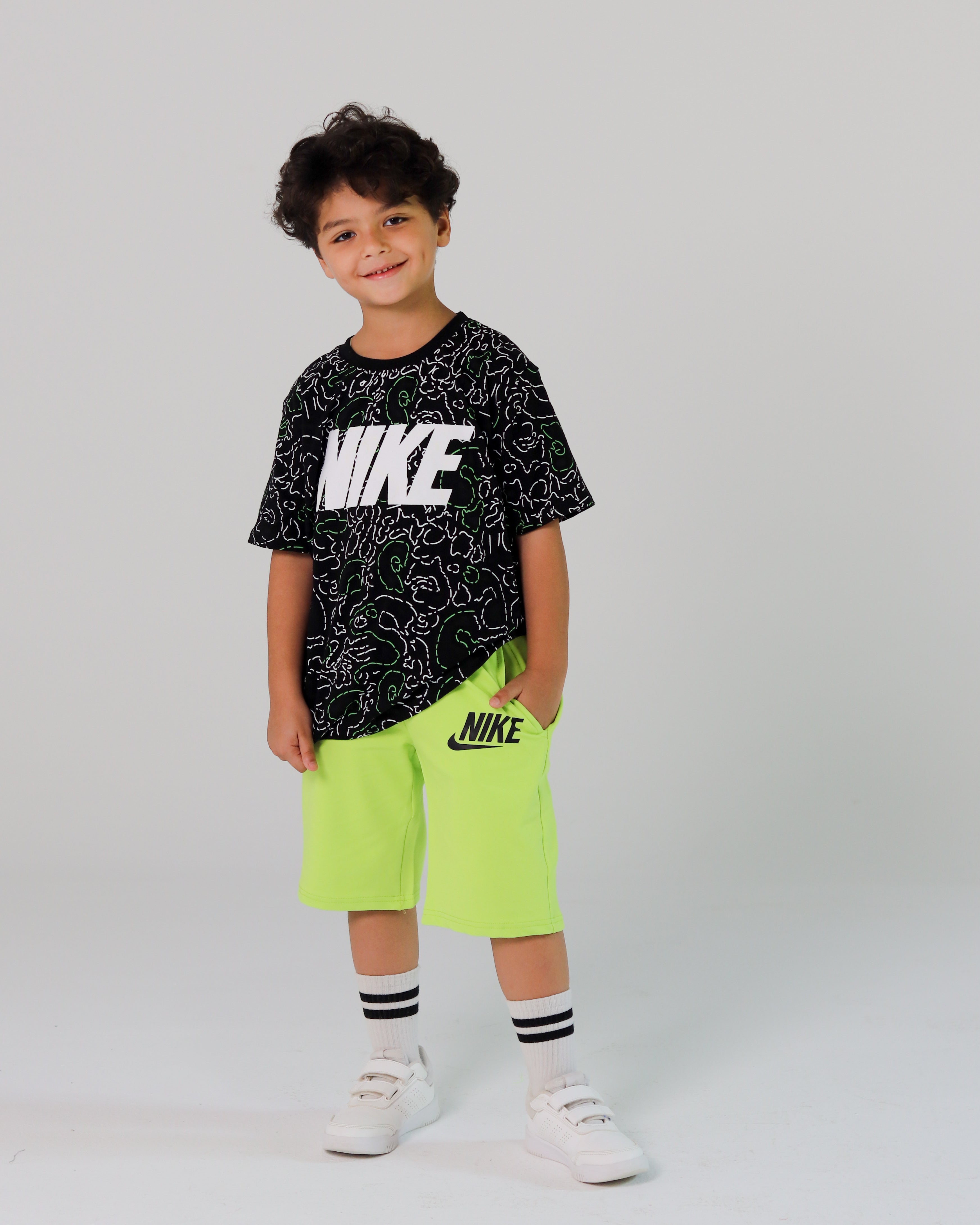 Nike Boys' Neon Green Active Set – Printed Black Tee & Shorts