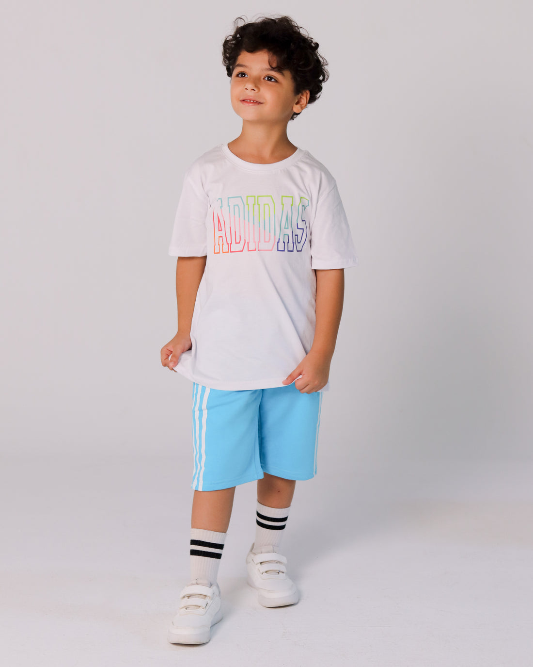 Adidas Boys’ Summer Set – White Rainbow Logo Tee & Aqua Blue Shorts