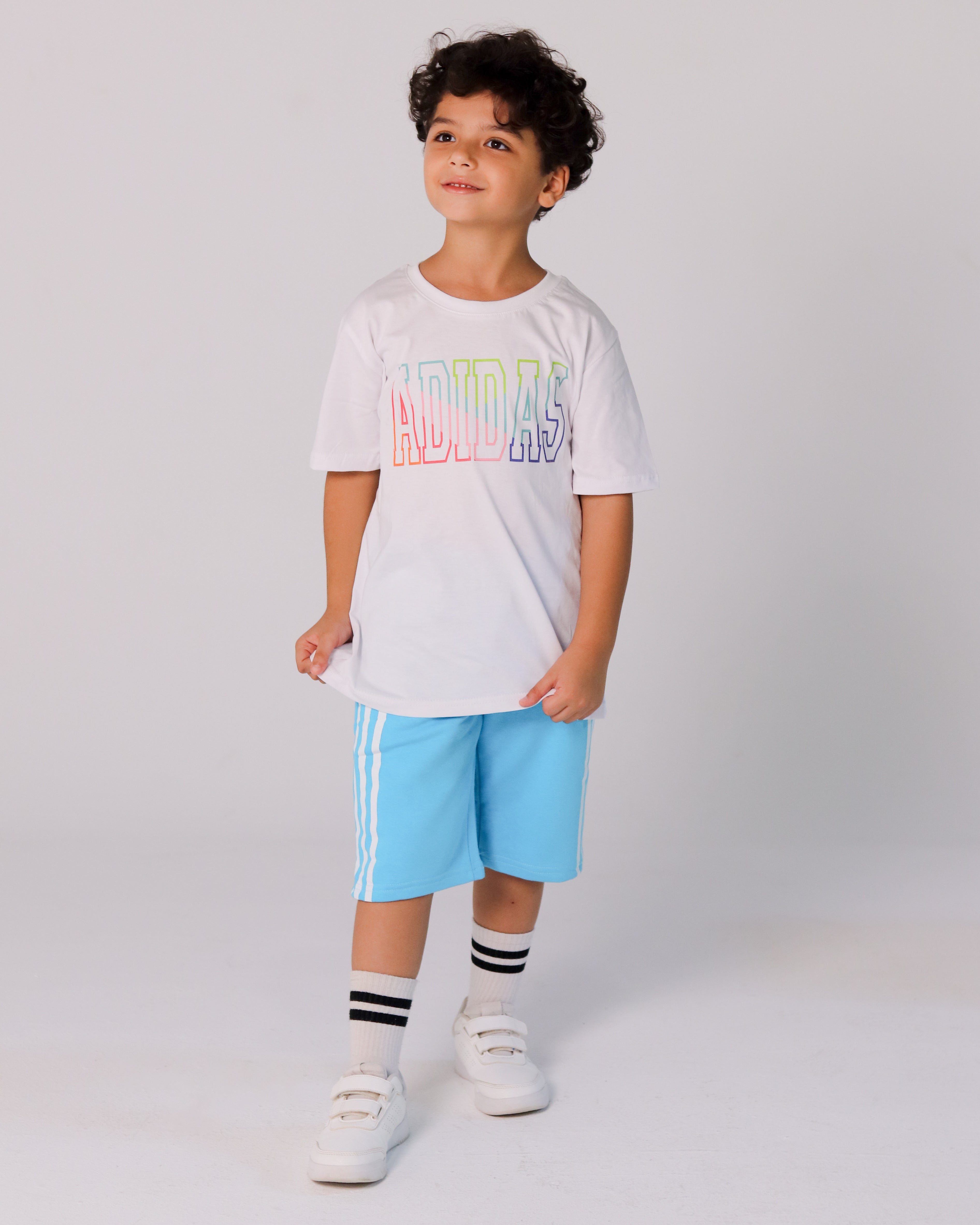 Adidas Boys’ Summer Set – White Rainbow Logo Tee & Aqua Blue Shorts