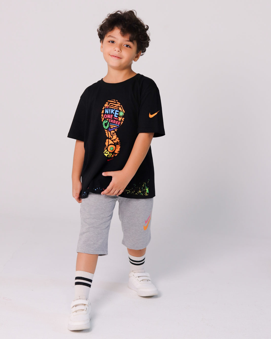 Boys' Black Nike T-Shirt with Footprint Print & Light Grey Shorts Set