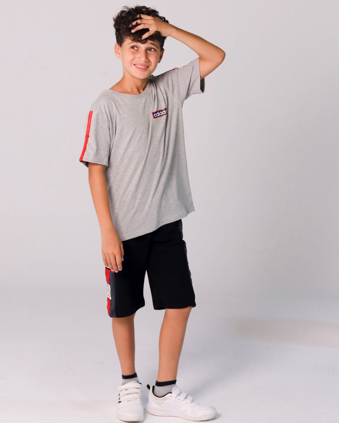 Adidas-Inspired Boys’ Summer Set – grey Tee with red Stripes & black Shorts