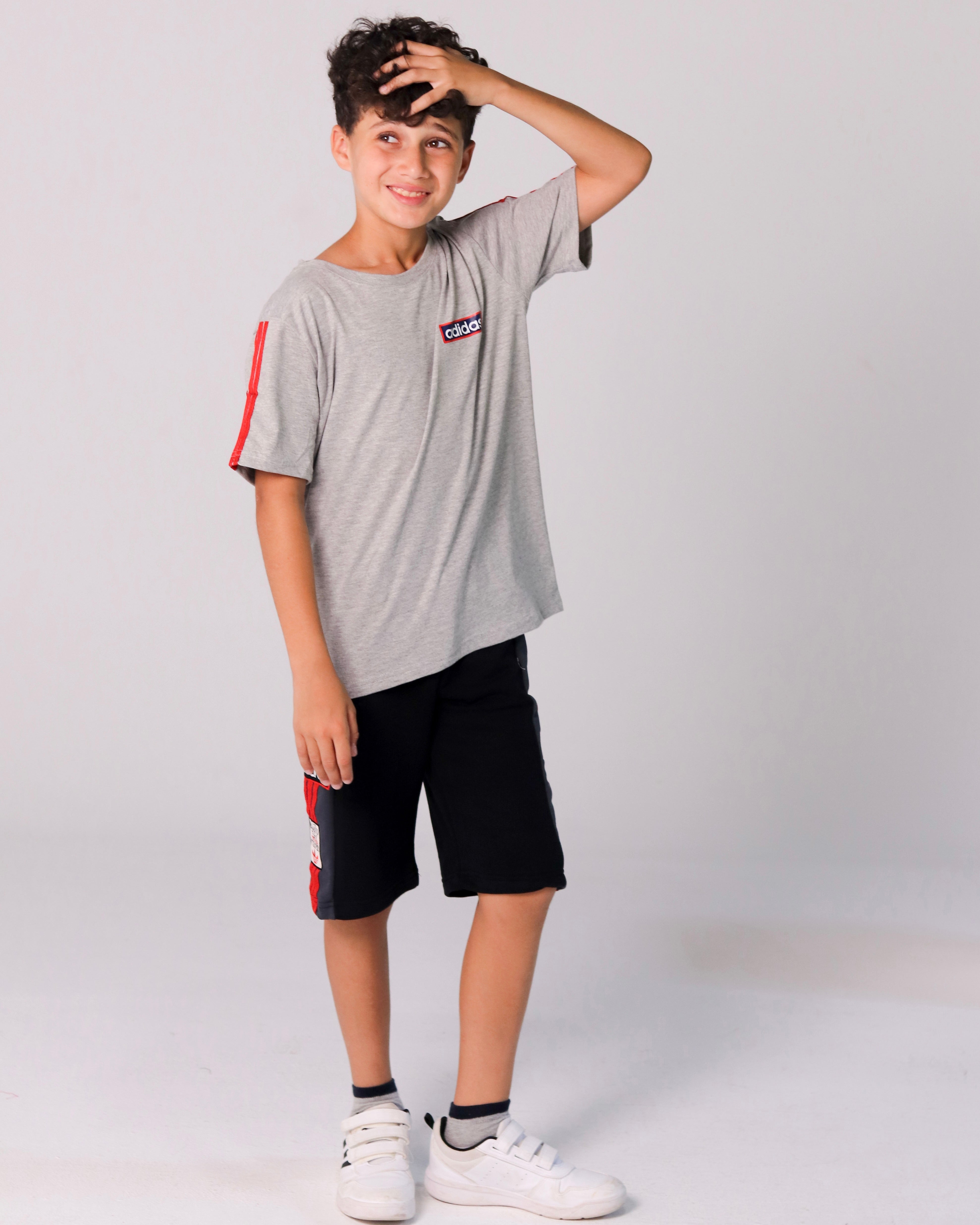 Adidas-Inspired Boys’ Summer Set – grey Tee with red Stripes & black Shorts