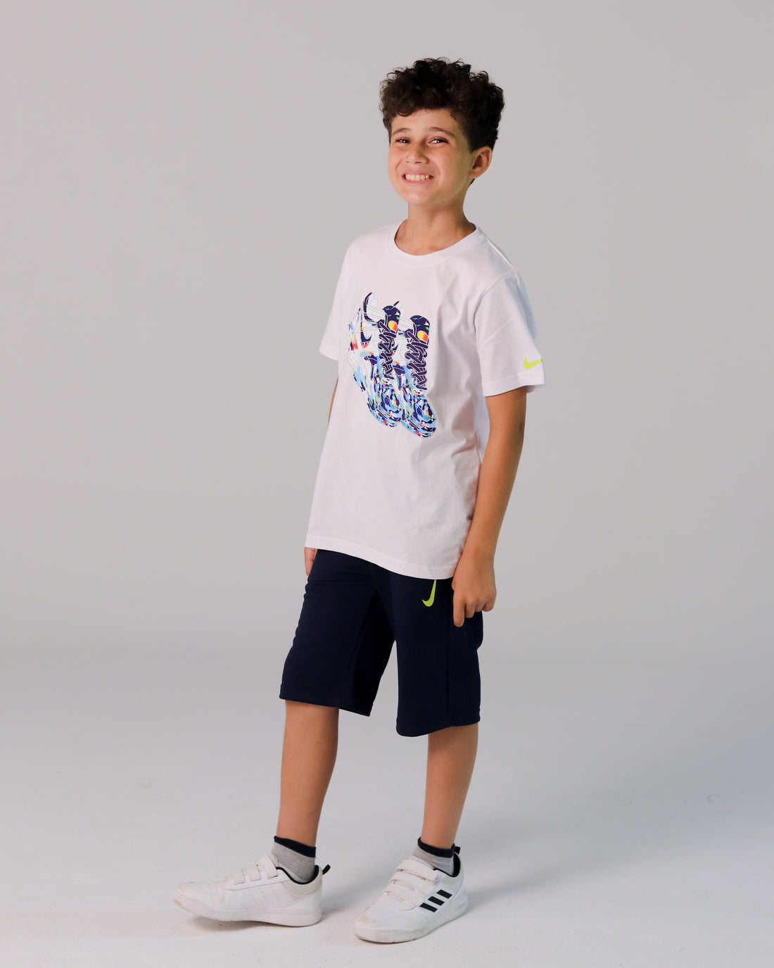 Boys' White T-Shirt with Blue Sneaker Print & Navy Shorts Set
