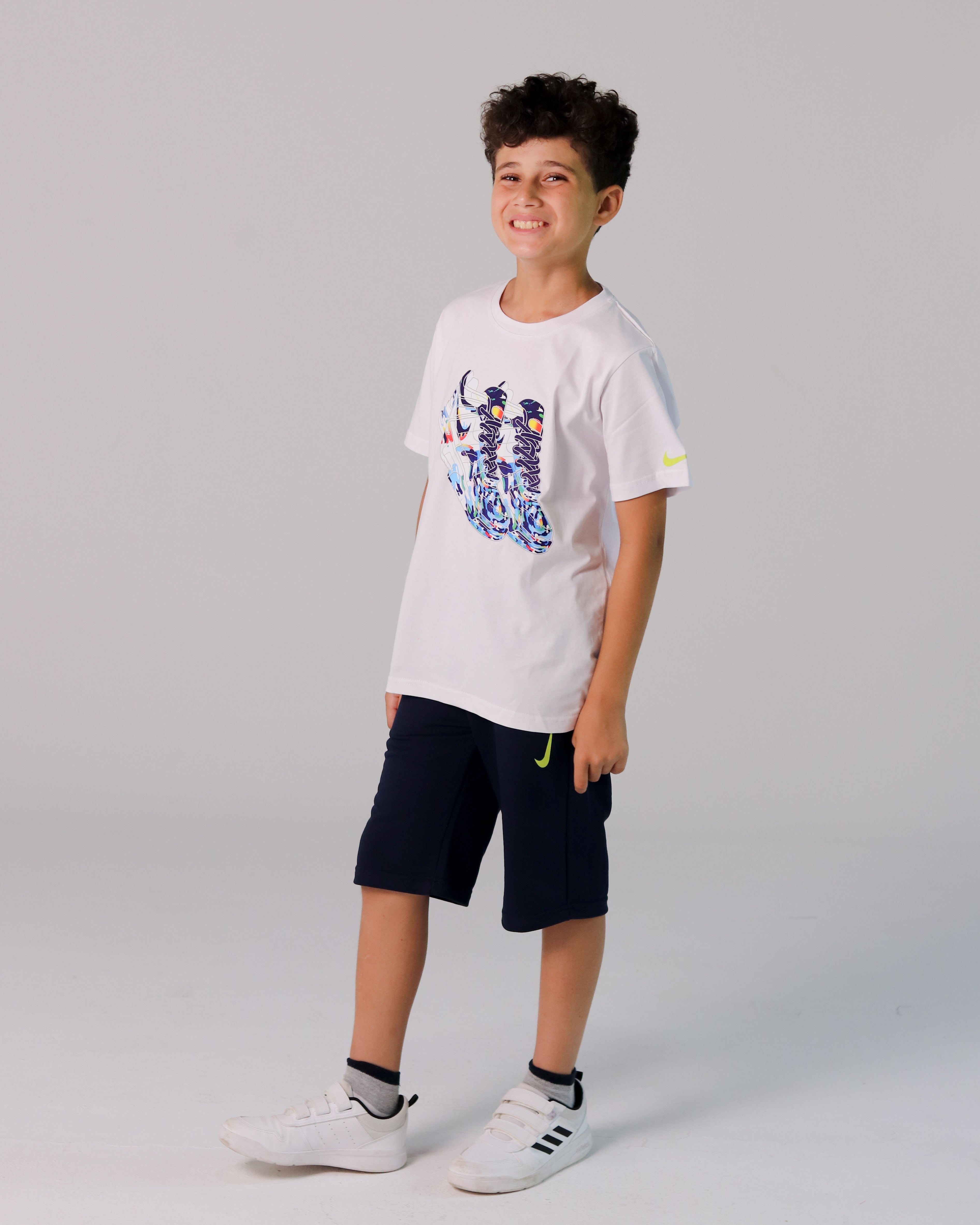 Boys' White T-Shirt with Blue Sneaker Print & Navy Shorts Set