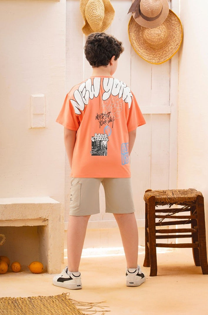 Boys Peach Graphic Oversized T-Shirt with Beige Shorts Set