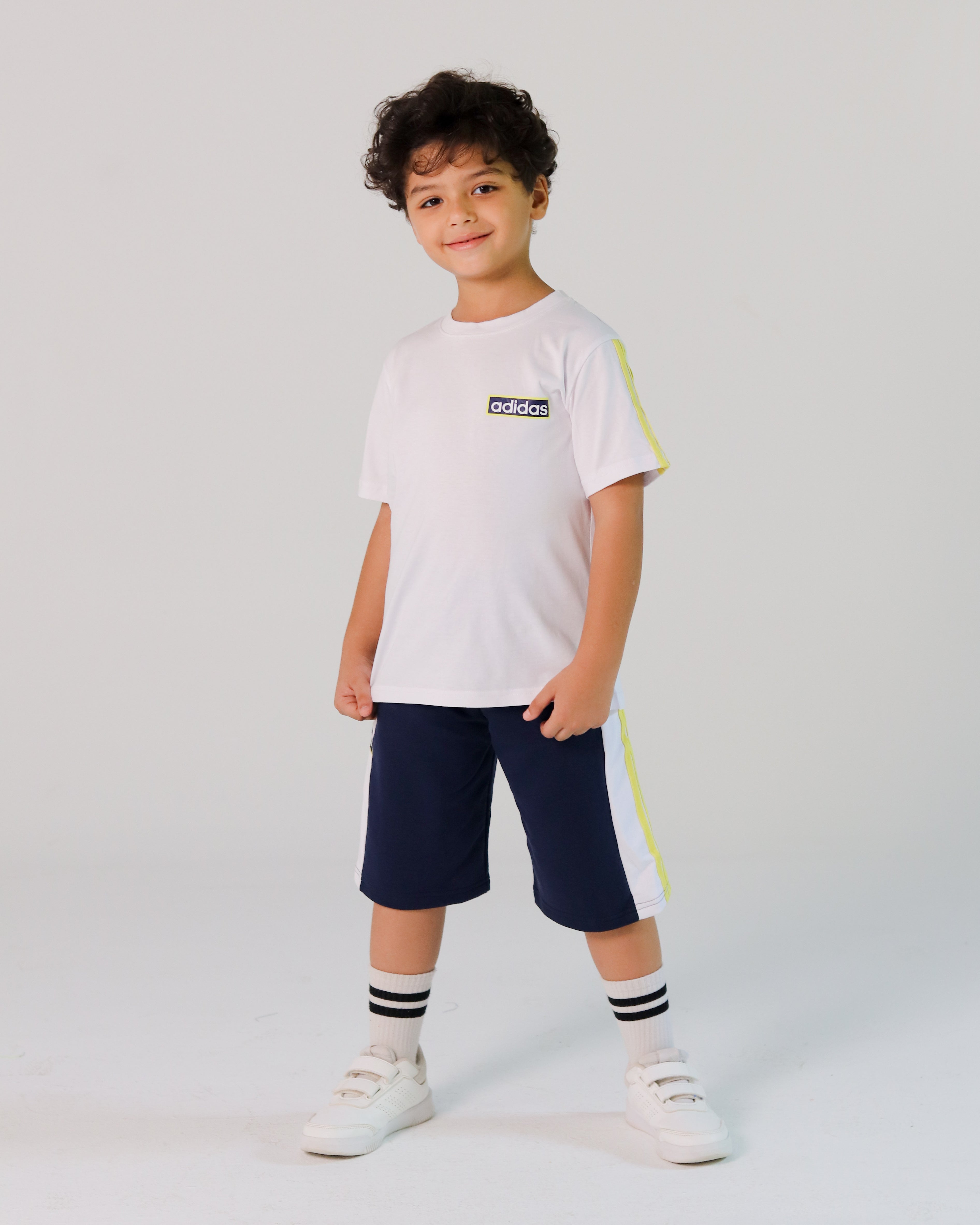 Adidas-Inspired Boys’ Summer Set – White Tee with Yellow Stripes & Navy Shorts