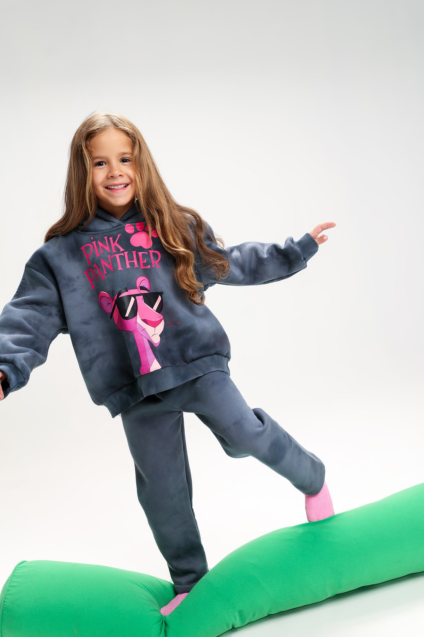 Girls’ Pink Panther Melton Cotton Winter Tracksuit – 2-Piece Hoodie & Pants Set (Dark Grey)