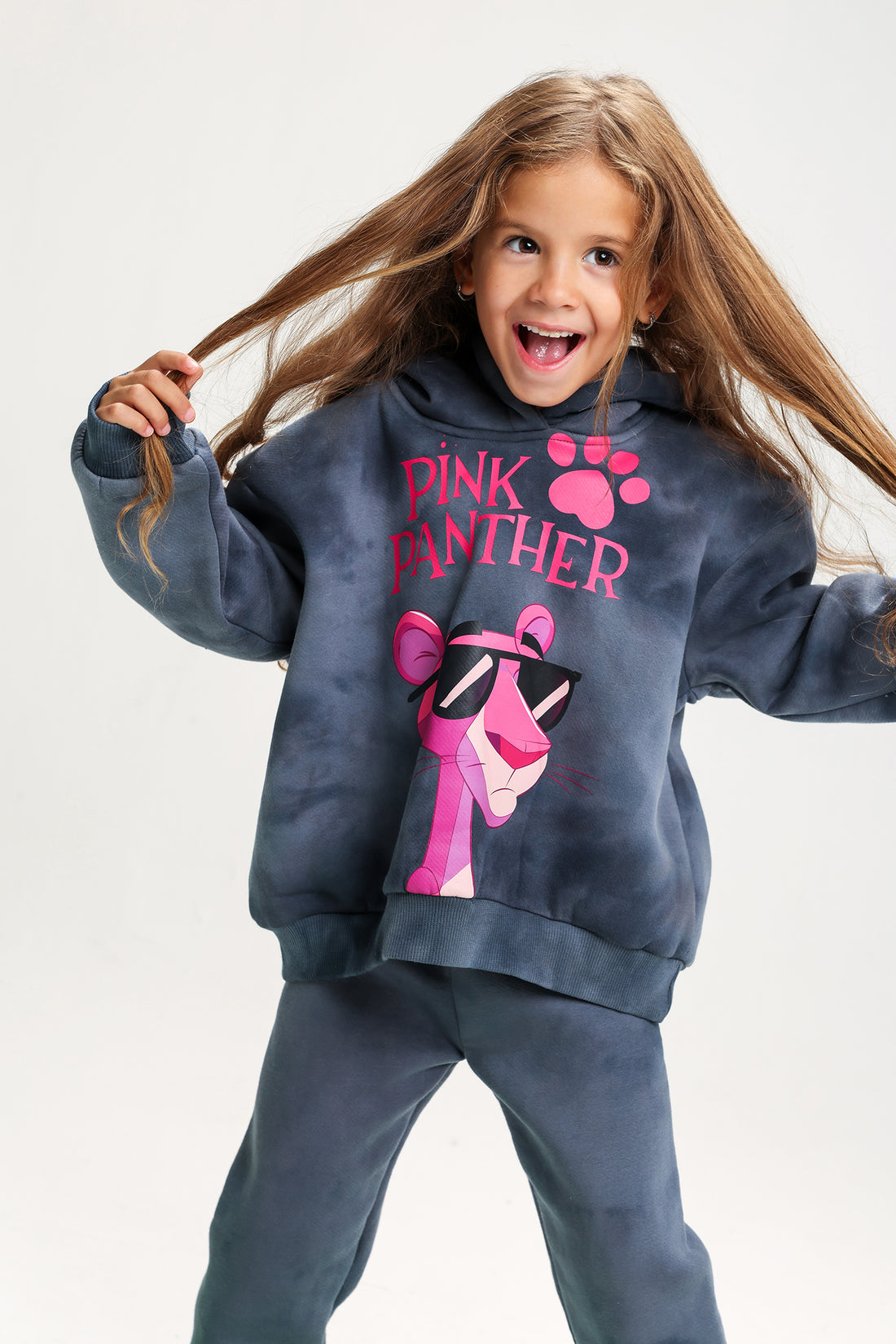 Girls’ Pink Panther Melton Cotton Winter Tracksuit – 2-Piece Hoodie & Pants Set (Dark Grey)