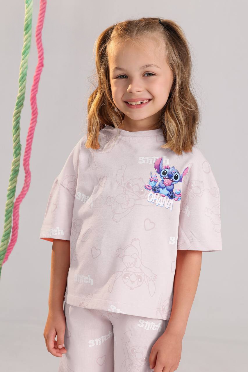 Girls Stitch Ohana Summer Set – Pink Oversized T-Shirt & Shorts