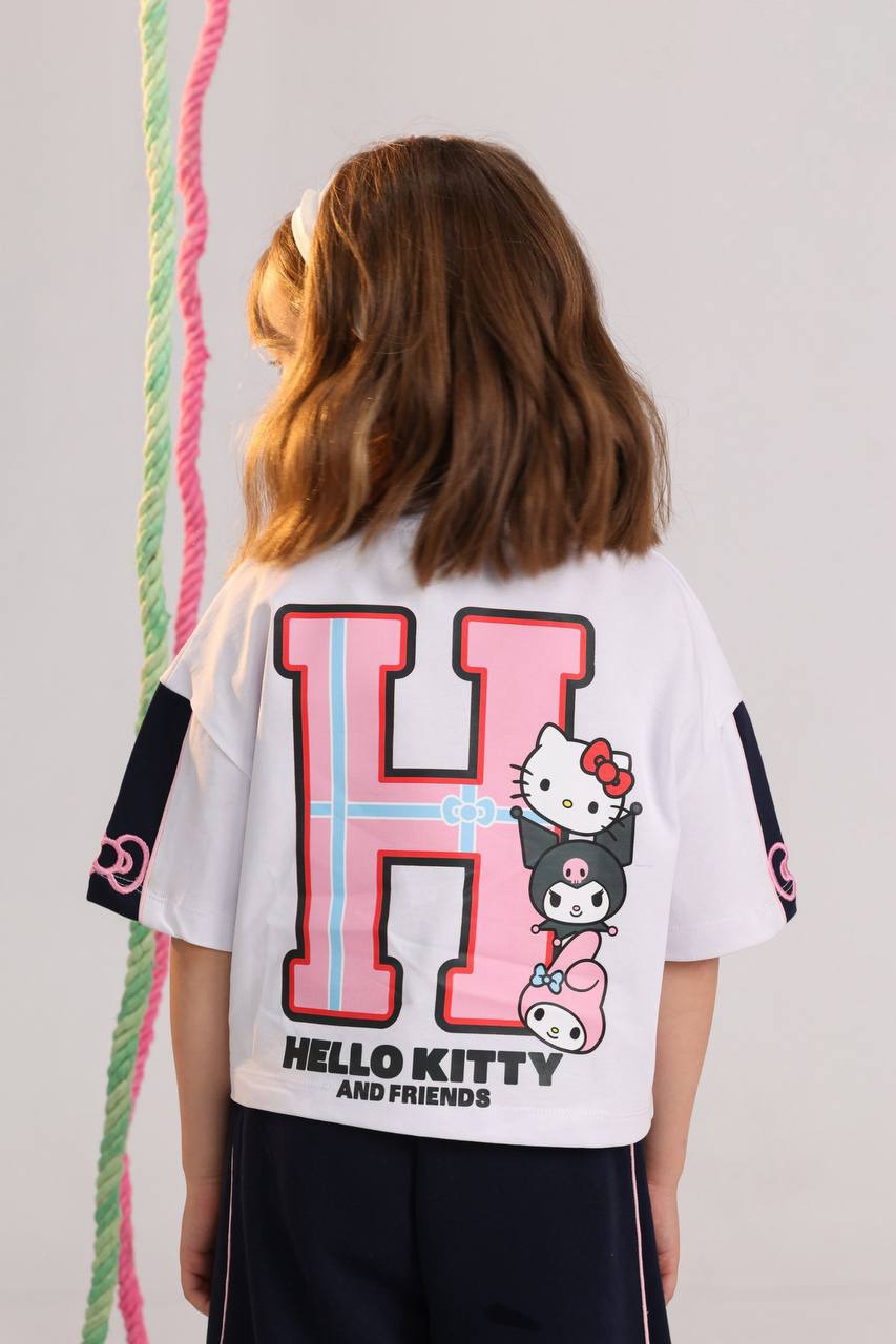 Hello Kitty & Friends Girls Summer Set – White Oversized T-Shirt & Navy Wide-Leg Pants
