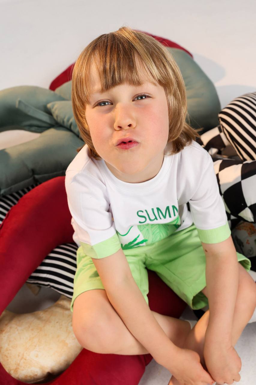 Summer Kids Fashion Set – White T-Shirt and Light Green Shorts
