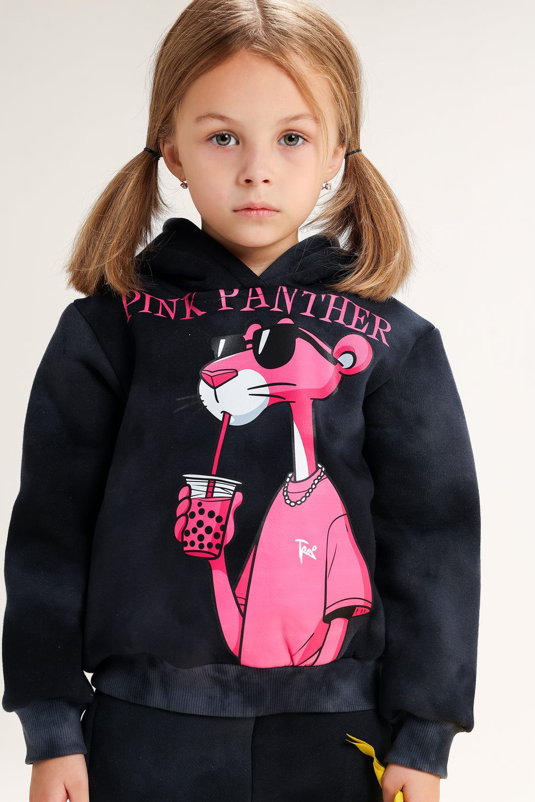 Girls’ Pink Panther Melton Cotton Winter Tracksuit – 2-Piece Hoodie & Pants Set (Black)
