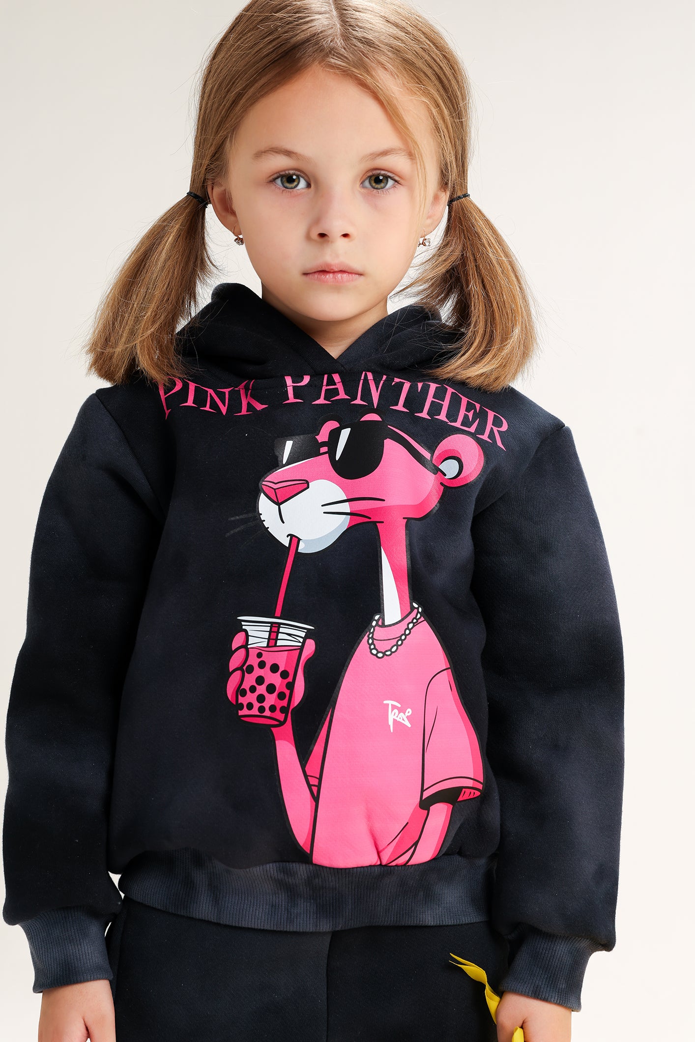 Girls’ Pink Panther Melton Cotton Winter Tracksuit – 2-Piece Hoodie & Pants Set (Black)