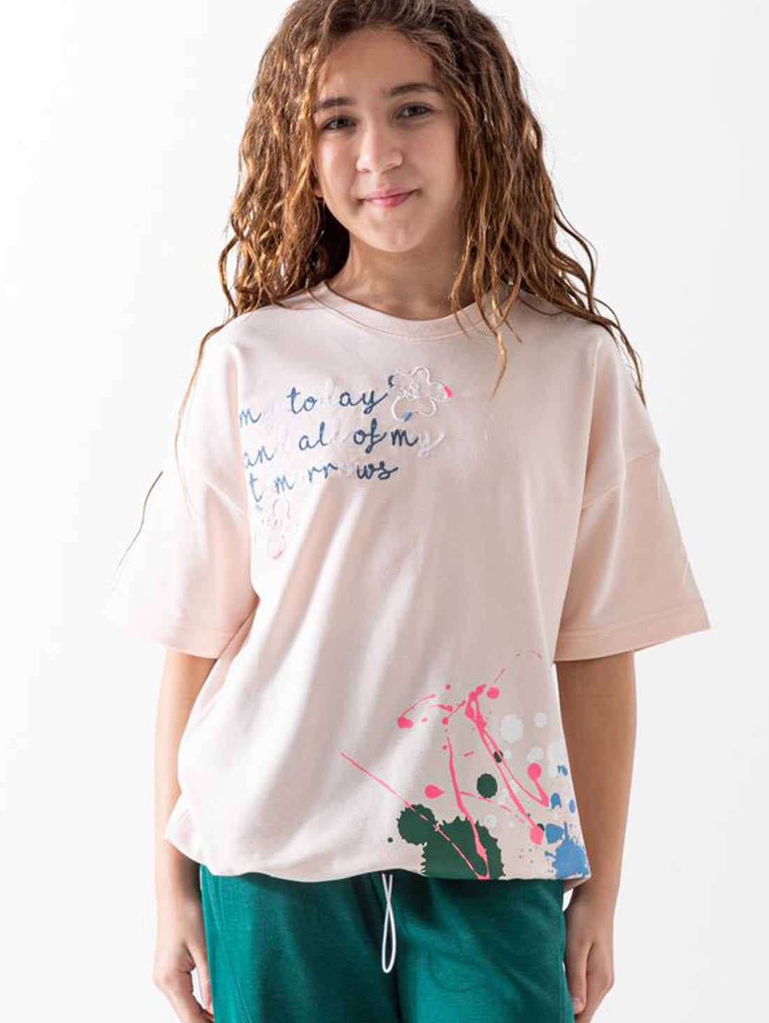 Girls artistic summer set beige printed t-shirt and green pants - Kikidoo Kids Egypt