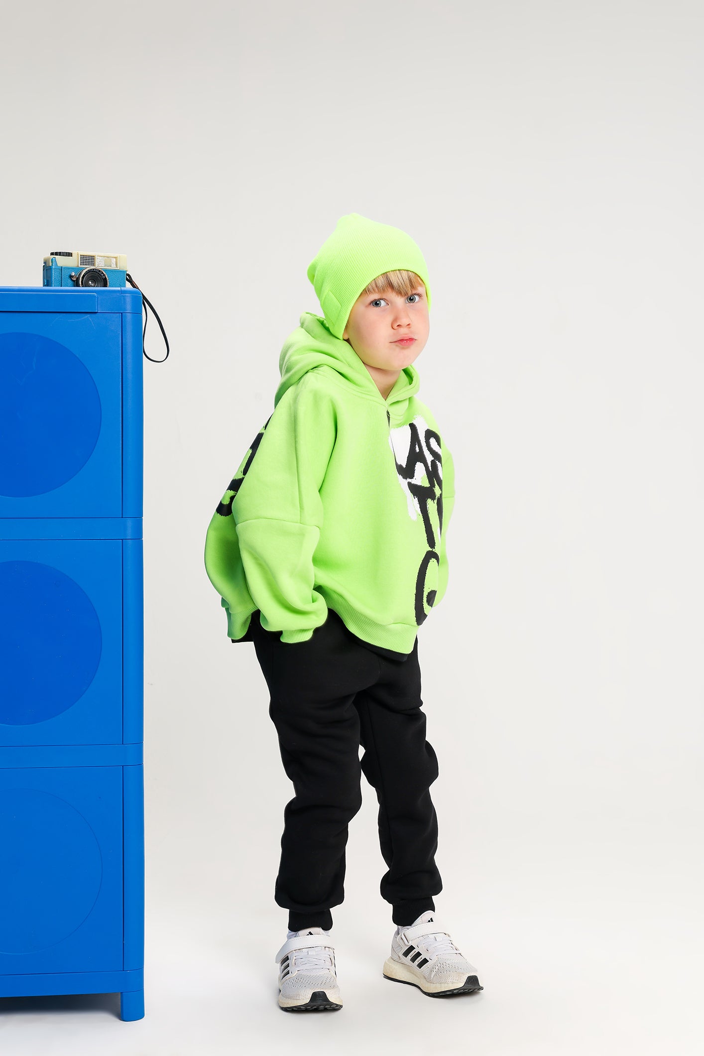 Boys’ Neon Green & Black Melton Cotton Winter Tracksuit – “Last To Go” Printed Hoodie & Pants Set