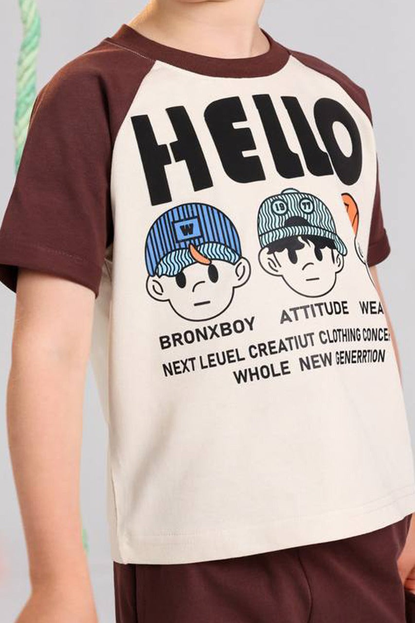Boys Graphic Summer Set – Cream Printed T-Shirt & Brown Cargo Shorts