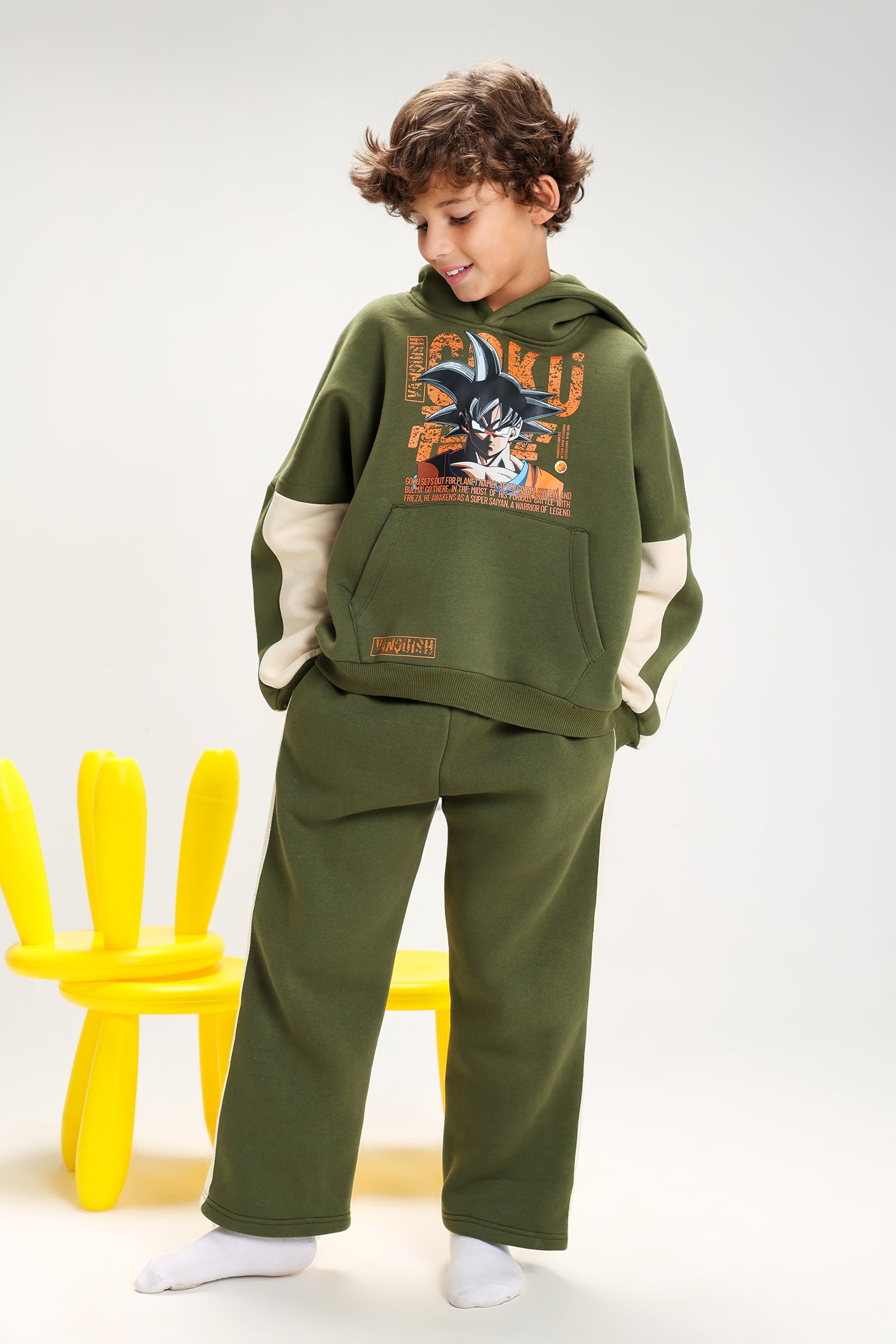 Boys’ Olive Green Melton Cotton Winter Tracksuit – Goku Printed Hoodie & Pants Set