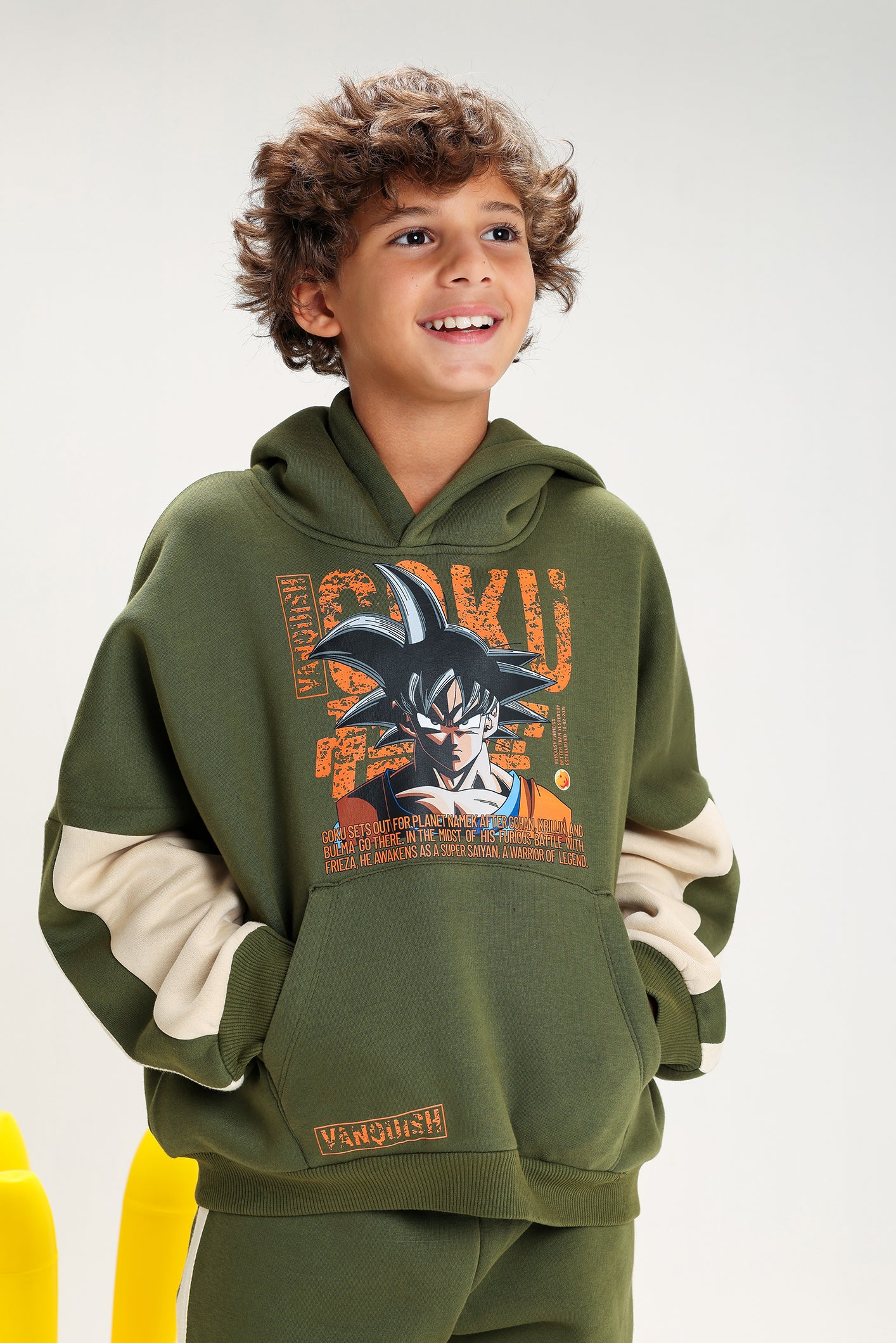 Boys’ Olive Green Melton Cotton Winter Tracksuit – Goku Printed Hoodie & Pants Set