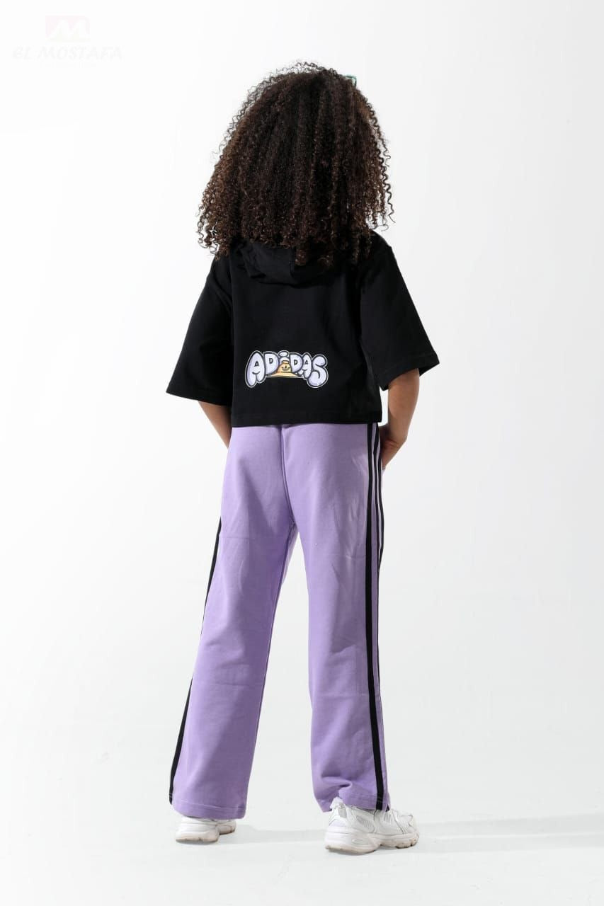 Girls Oversized Graphic Hoodie Set – Black Top & Lilac Track Pants