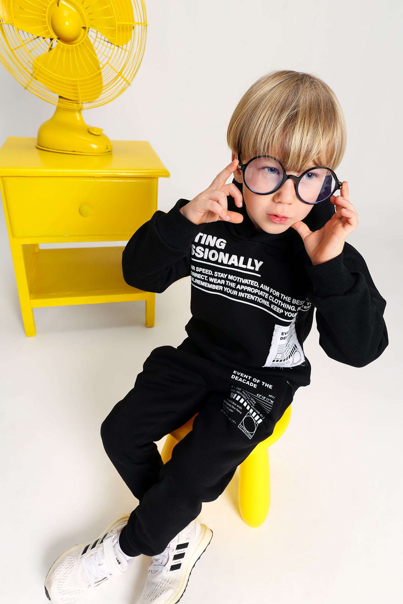 Boys’ Black Printed Melton Cotton Winter Tracksuit – 2-Piece Hoodie & Pants Set