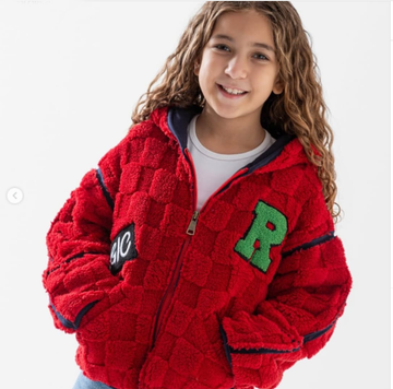 Red Furry Check Jacket with Letter Patch – Cozy & Trendy Winter Style