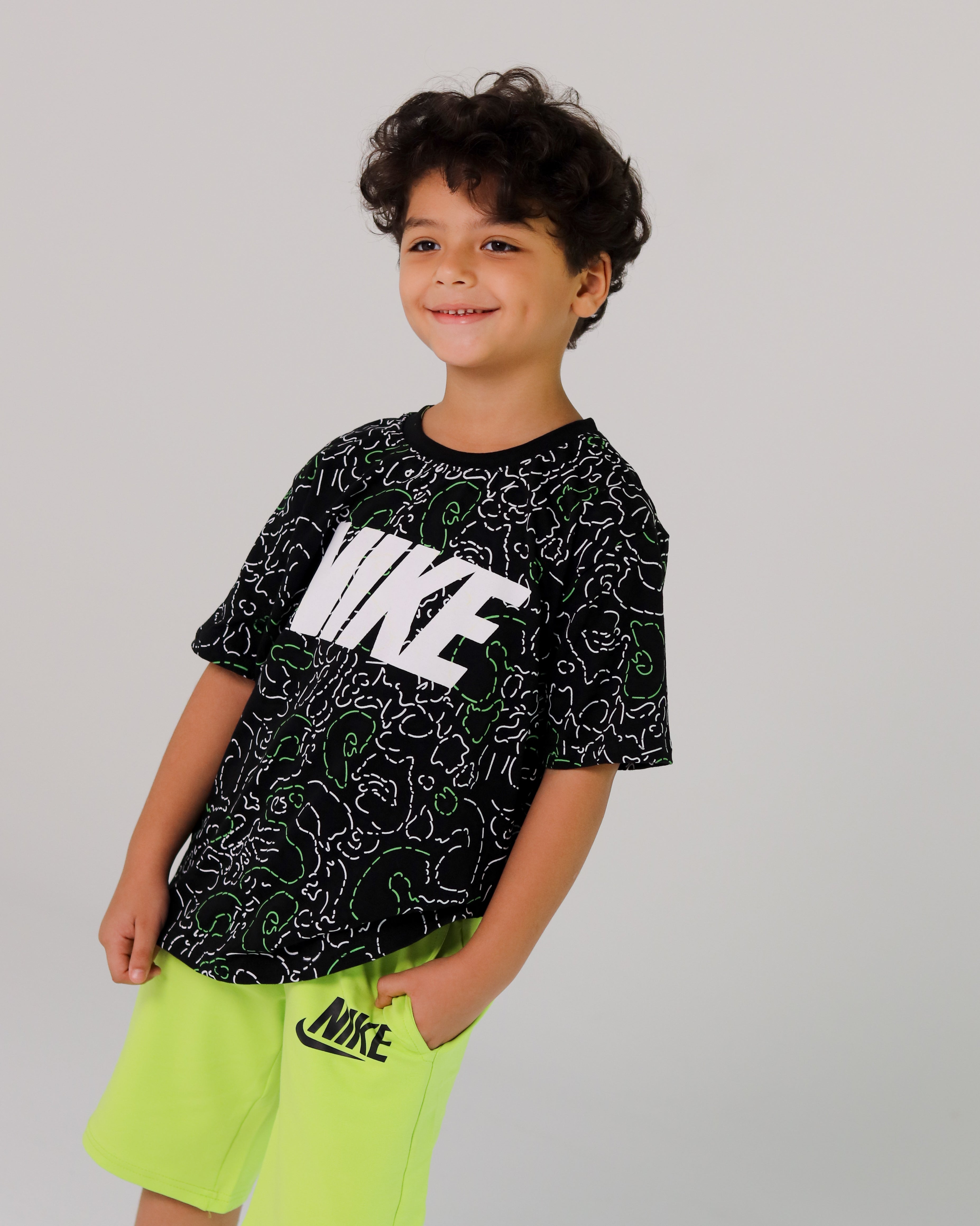 Nike Boys' Neon Green Active Set – Printed Black Tee & Shorts