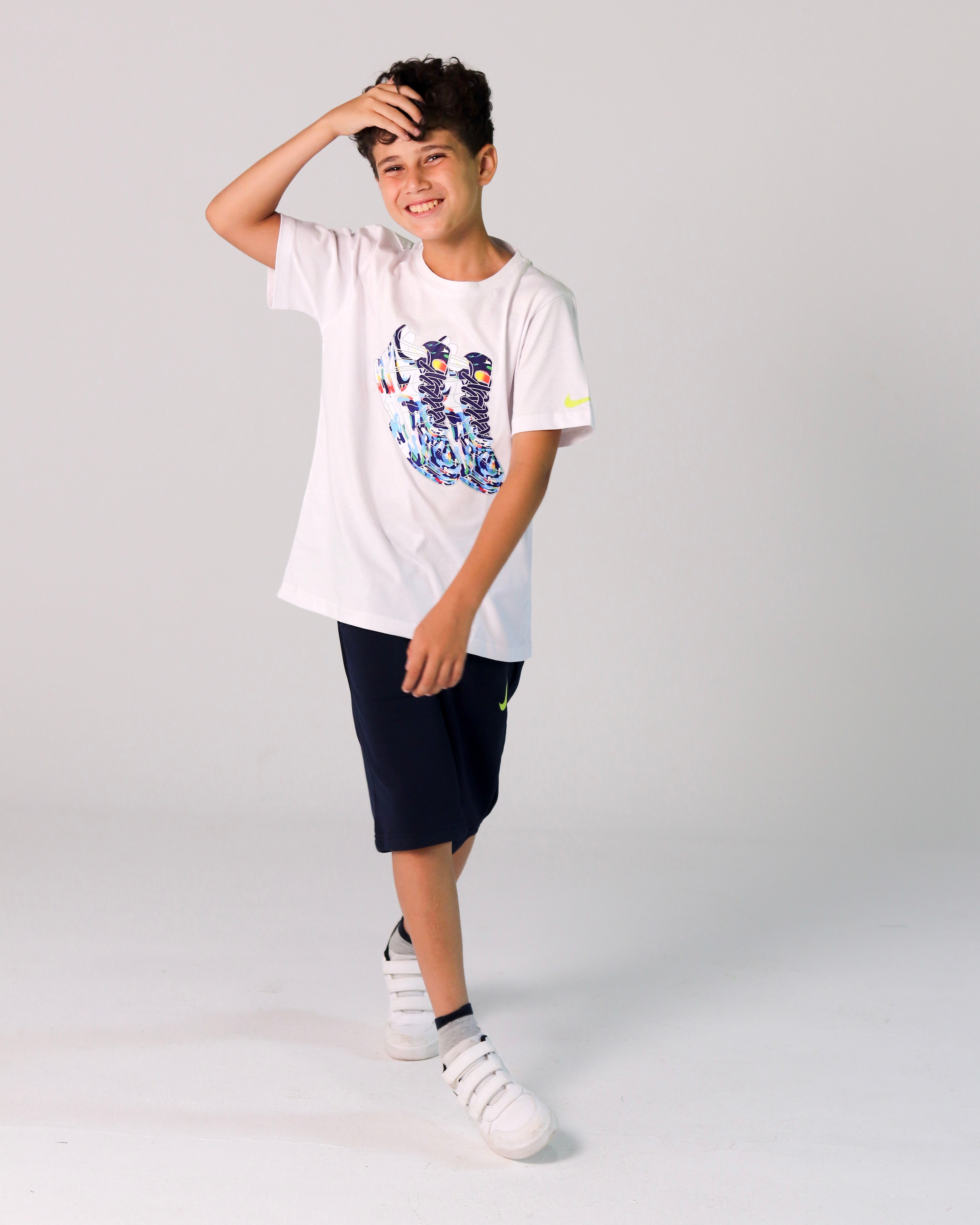 Boys' White T-Shirt with Blue Sneaker Print & Navy Shorts Set