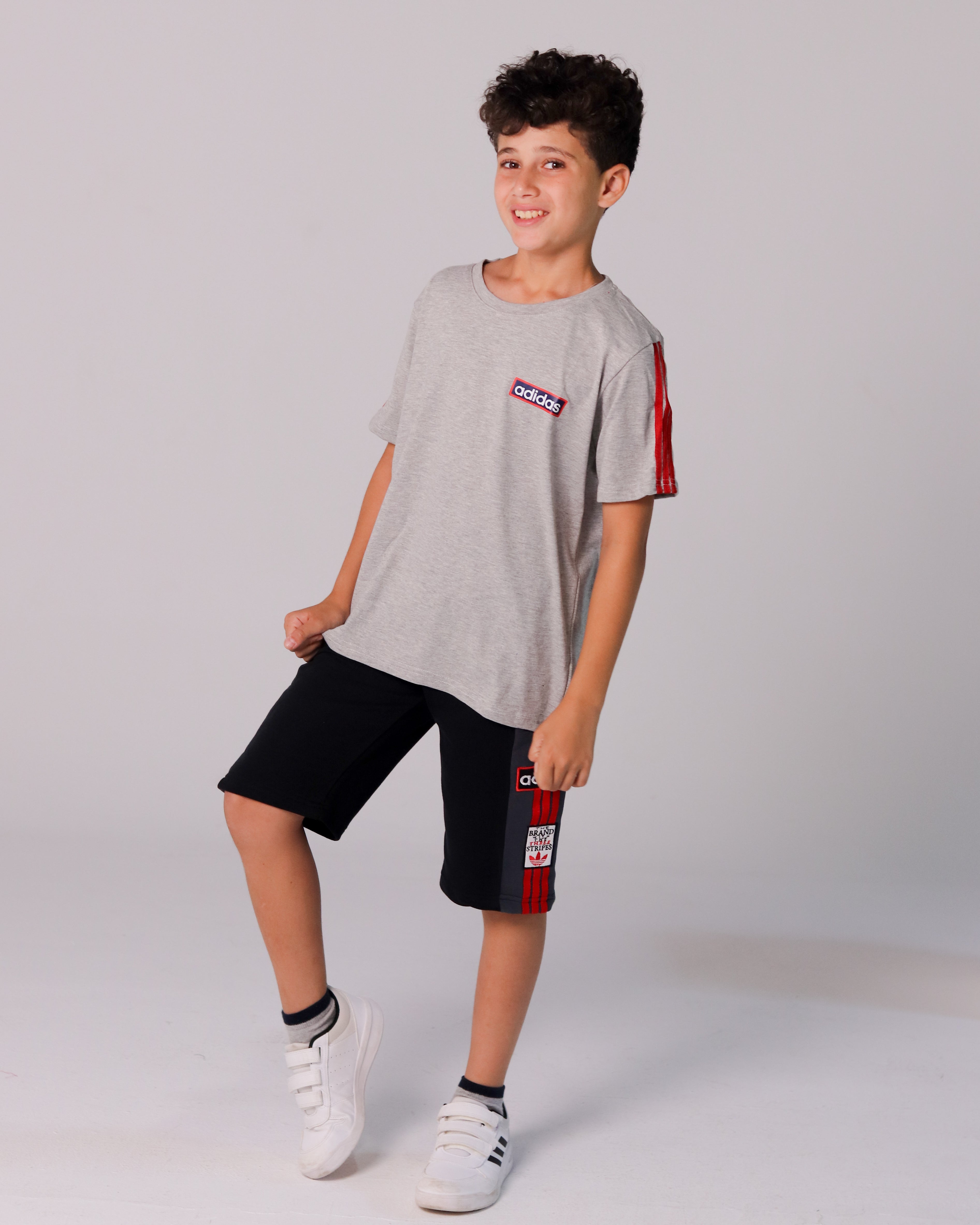 Adidas-Inspired Boys’ Summer Set – grey Tee with red Stripes & black Shorts