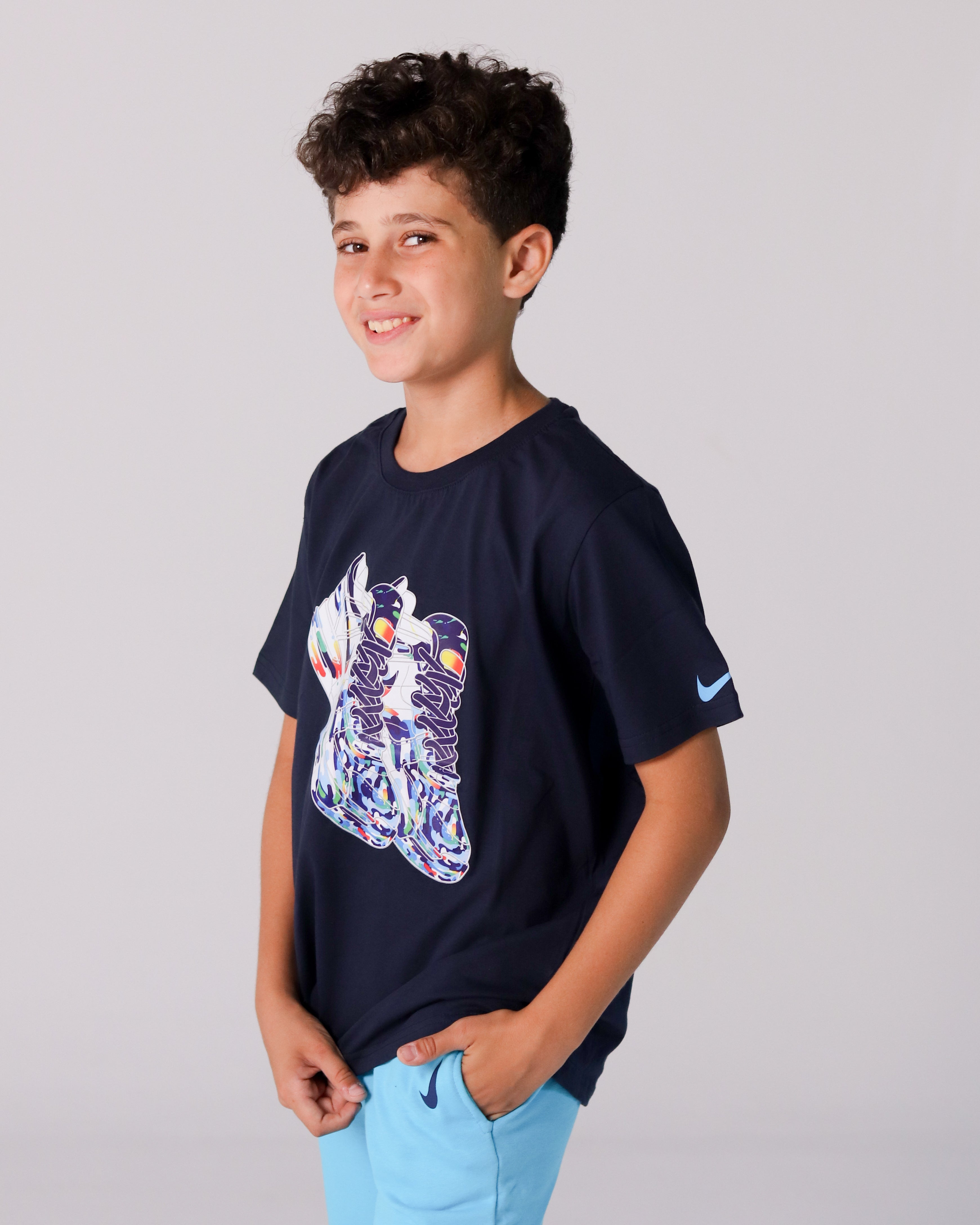 Boys' Black T-Shirt with Colorful Sneaker Print & Cyan Nike Shorts Set