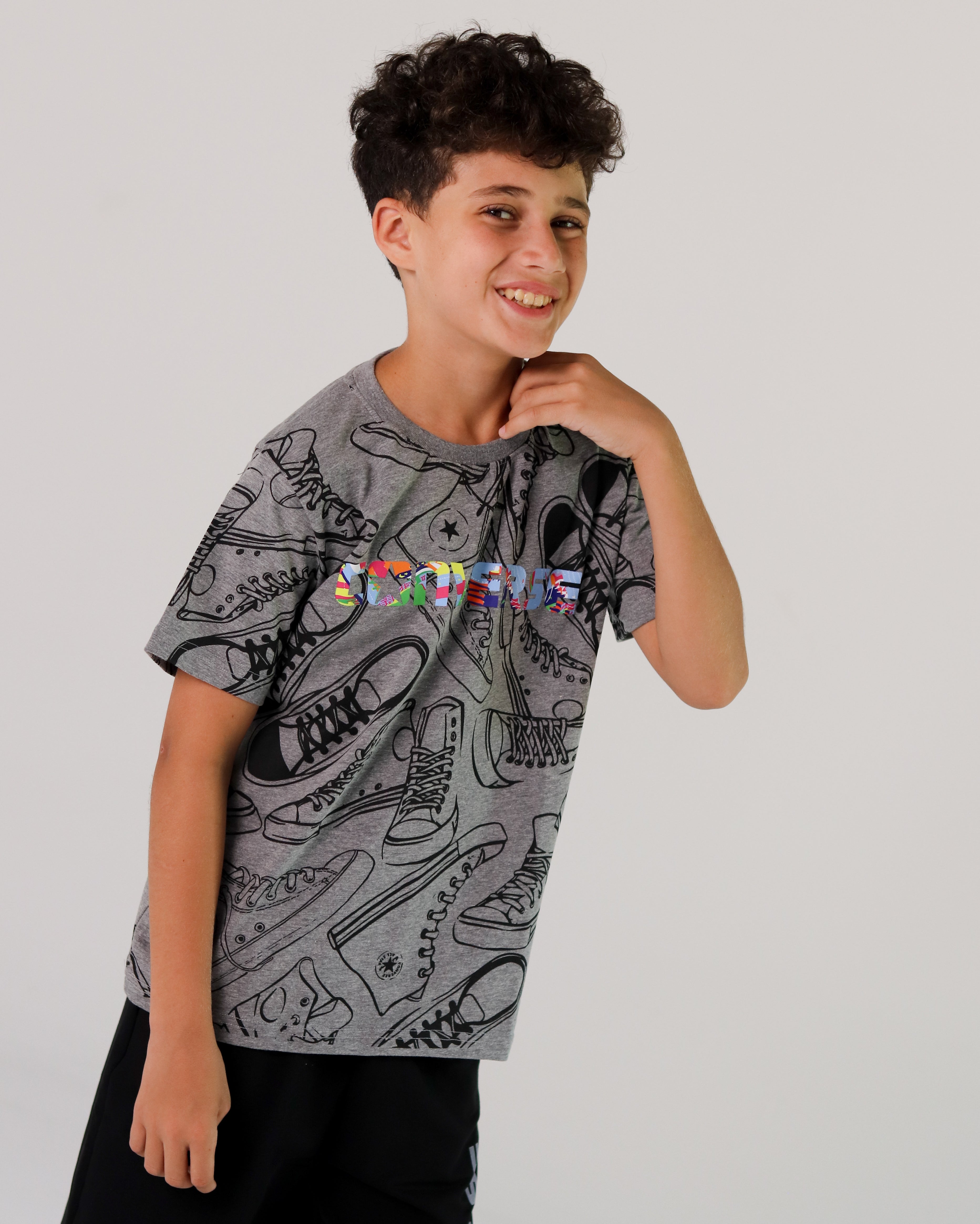 Boys’ Converse Graphic Sports Set – Grey Tee & Black Shorts for Basketball & Play