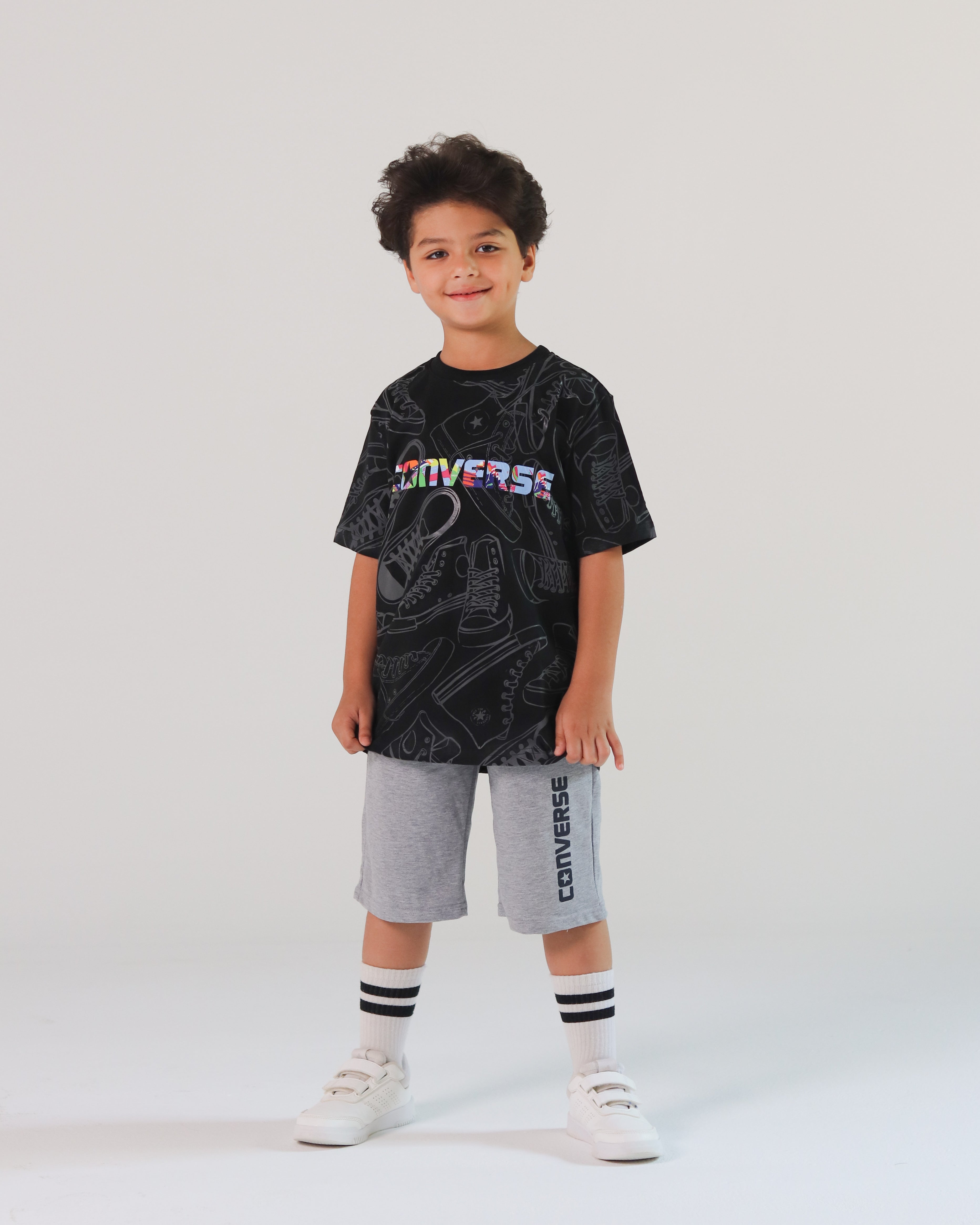 Boys’ Converse Graphic Sports Set – Grey Tee & Black Shorts for Basketball & Play