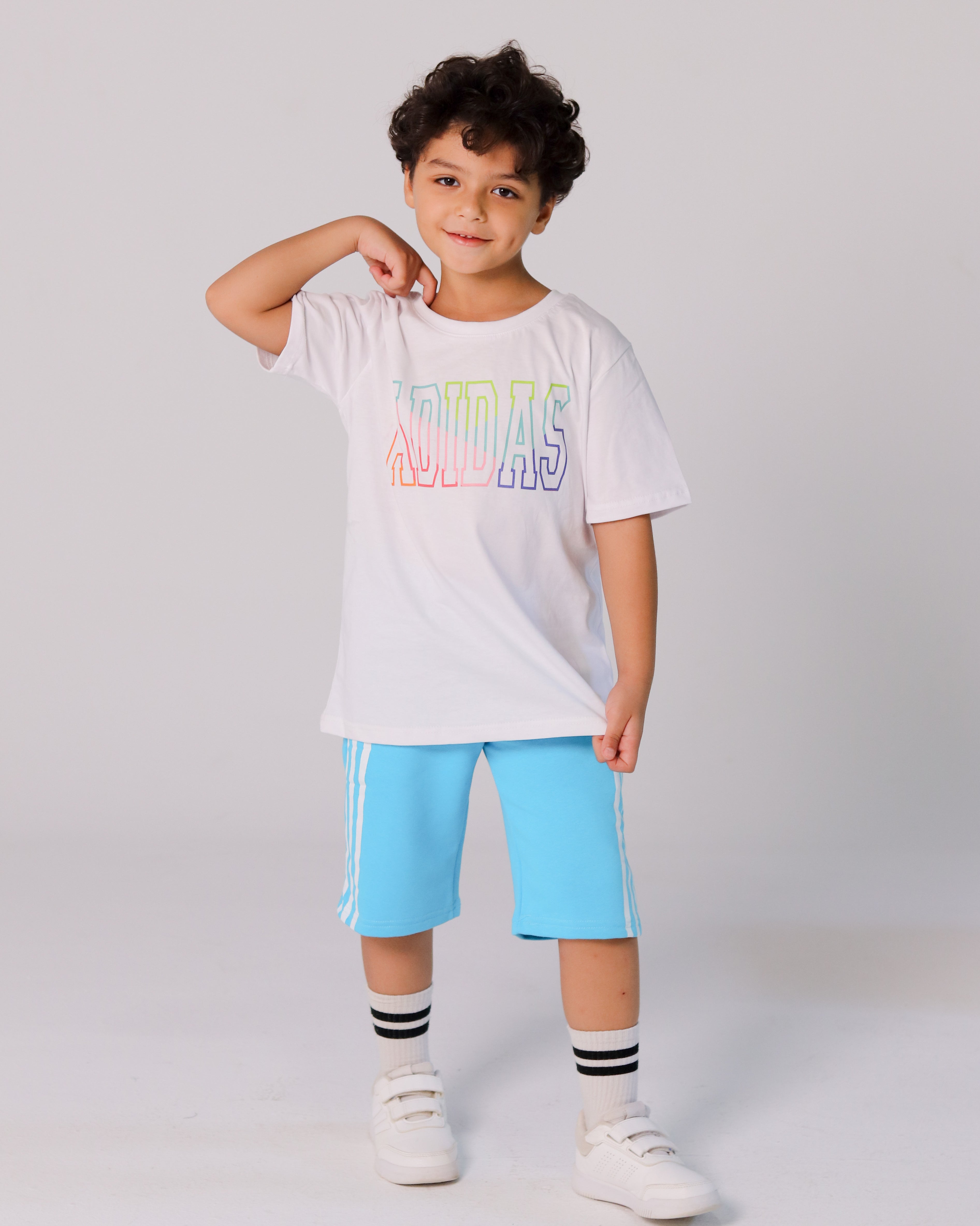 Adidas Boys’ Summer Set – White Rainbow Logo Tee & Aqua Blue Shorts