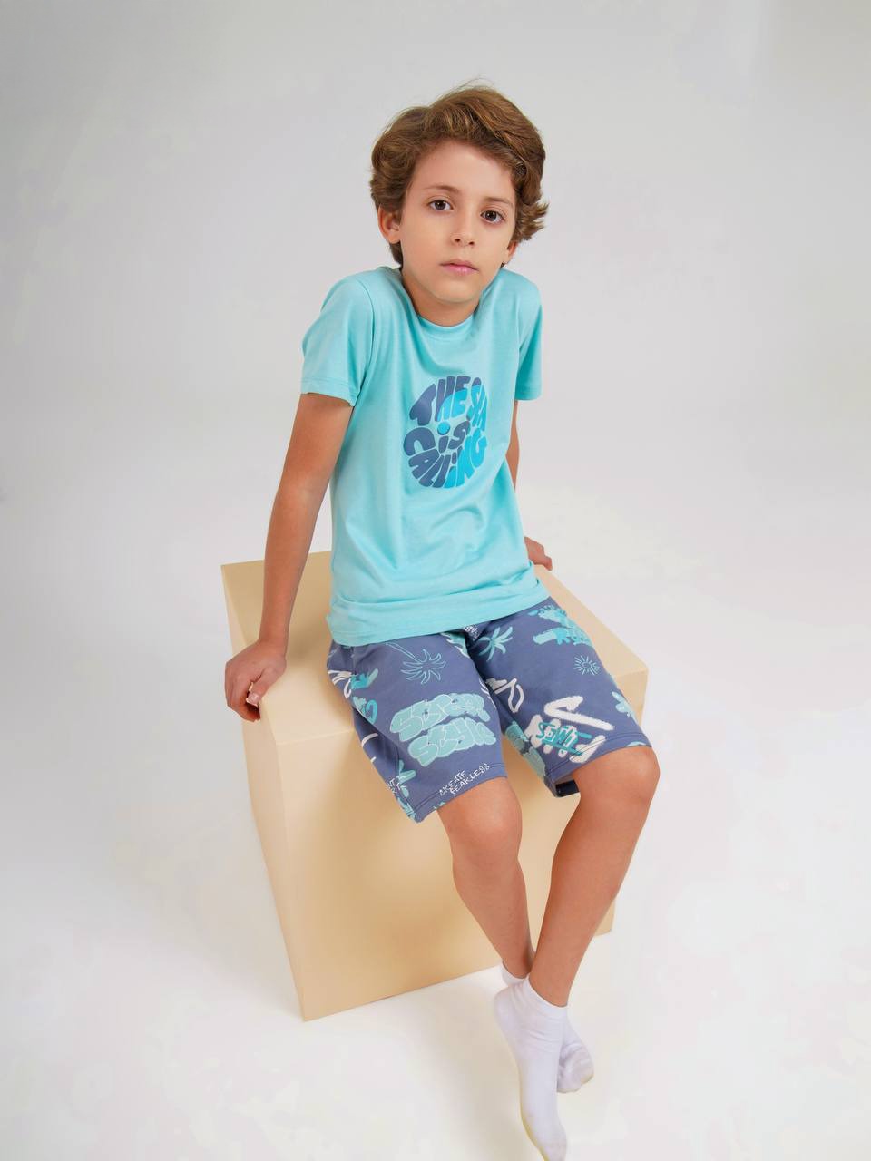 Boys Chill Vibes Summer Set – Aqua Tee & Printed Shorts