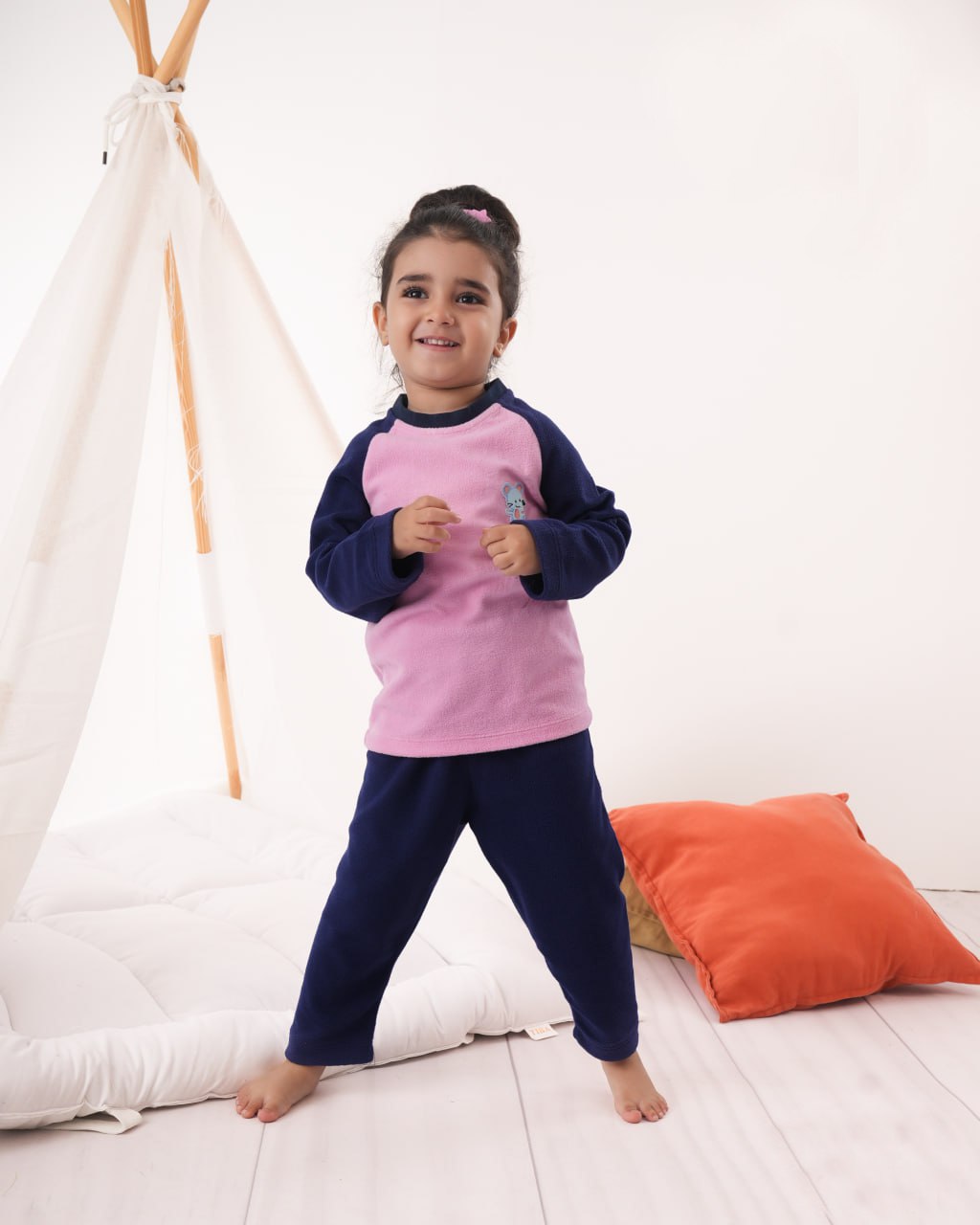 Soft & Snug  Fleece Girls’ Pajama – Pink with Navy Contrast