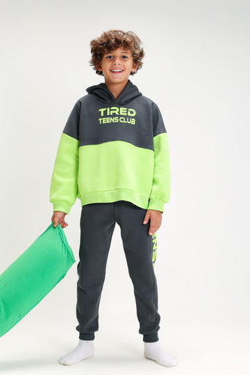 Boys’ GREY & LEMON Melton Cotton Winter Tracksuit – “Tired Teens Club” Printed Hoodie & Pants Set