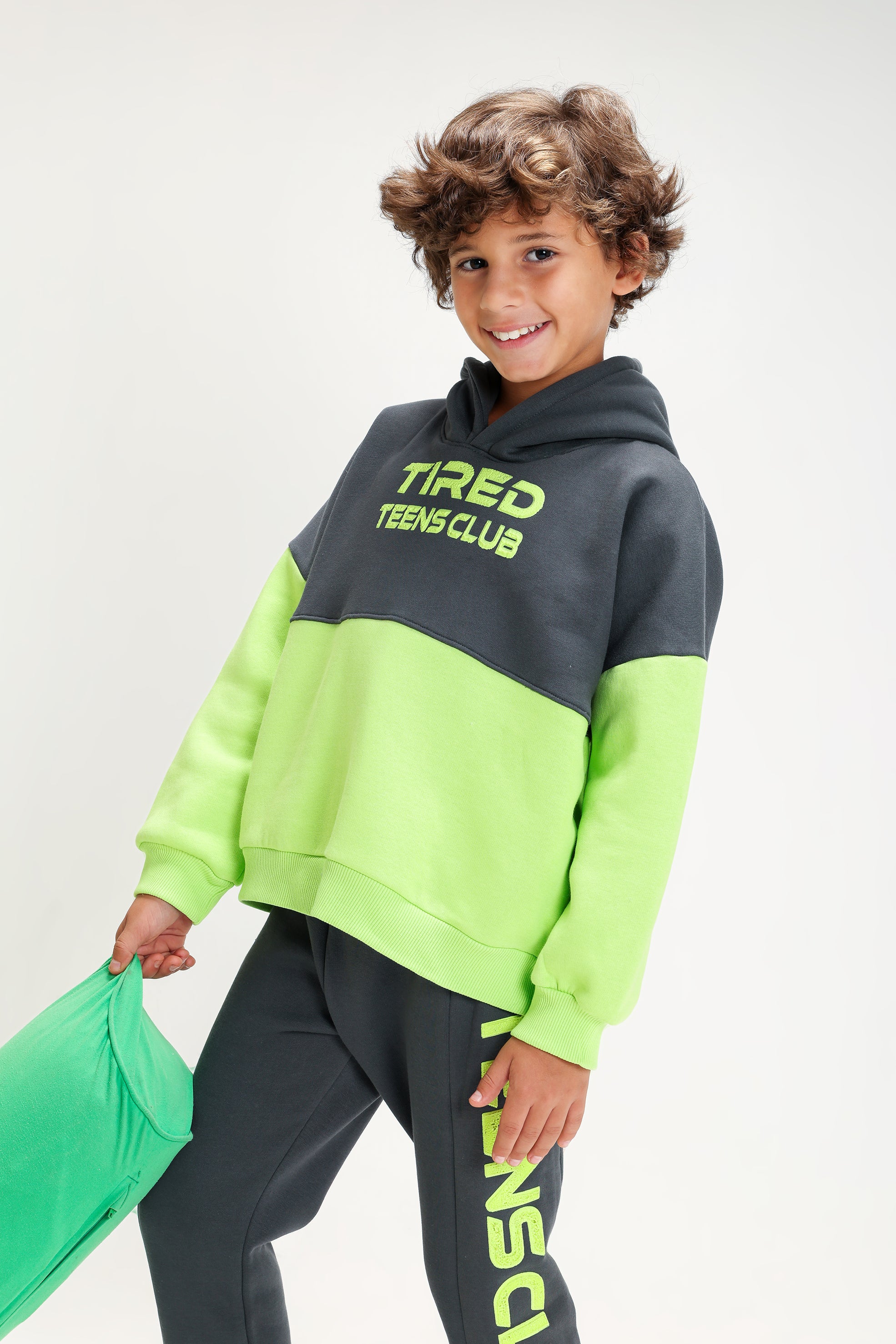 Boys’ GREY & LEMON Melton Cotton Winter Tracksuit – “Tired Teens Club” Printed Hoodie & Pants Set