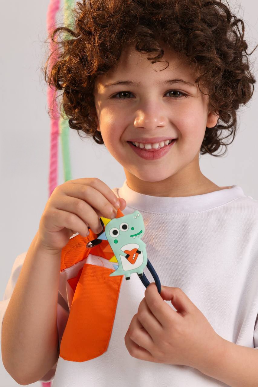 Boys Dino Pocket Summer Set – White Oversized Tee & Orange Shorts