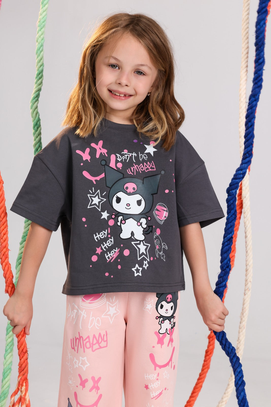 Girls Summer Pajama Set – Charcoal Graphic T-Shirt & Pink Printed Pants