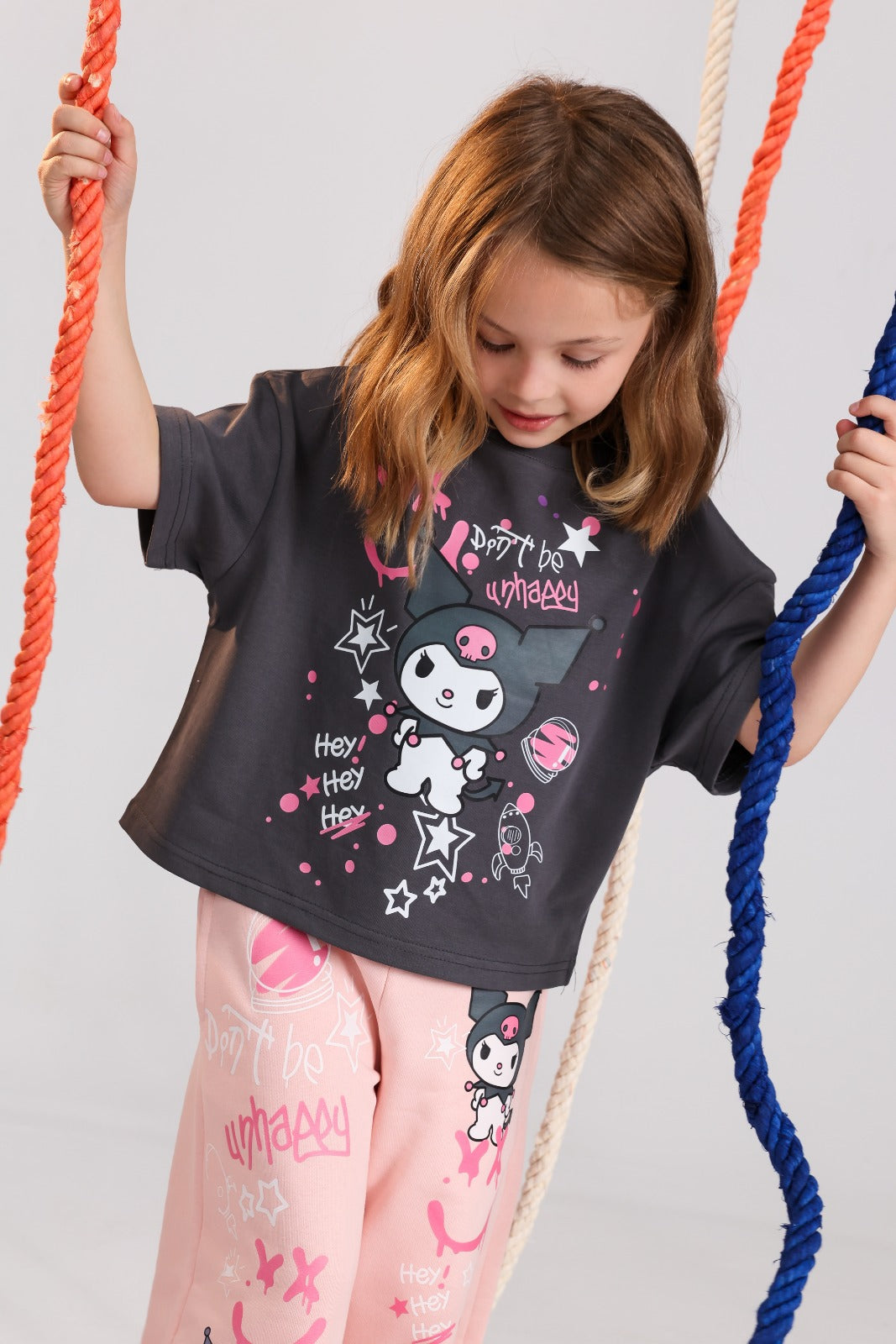 Girls Summer Pajama Set – Charcoal Graphic T-Shirt & Pink Printed Pants
