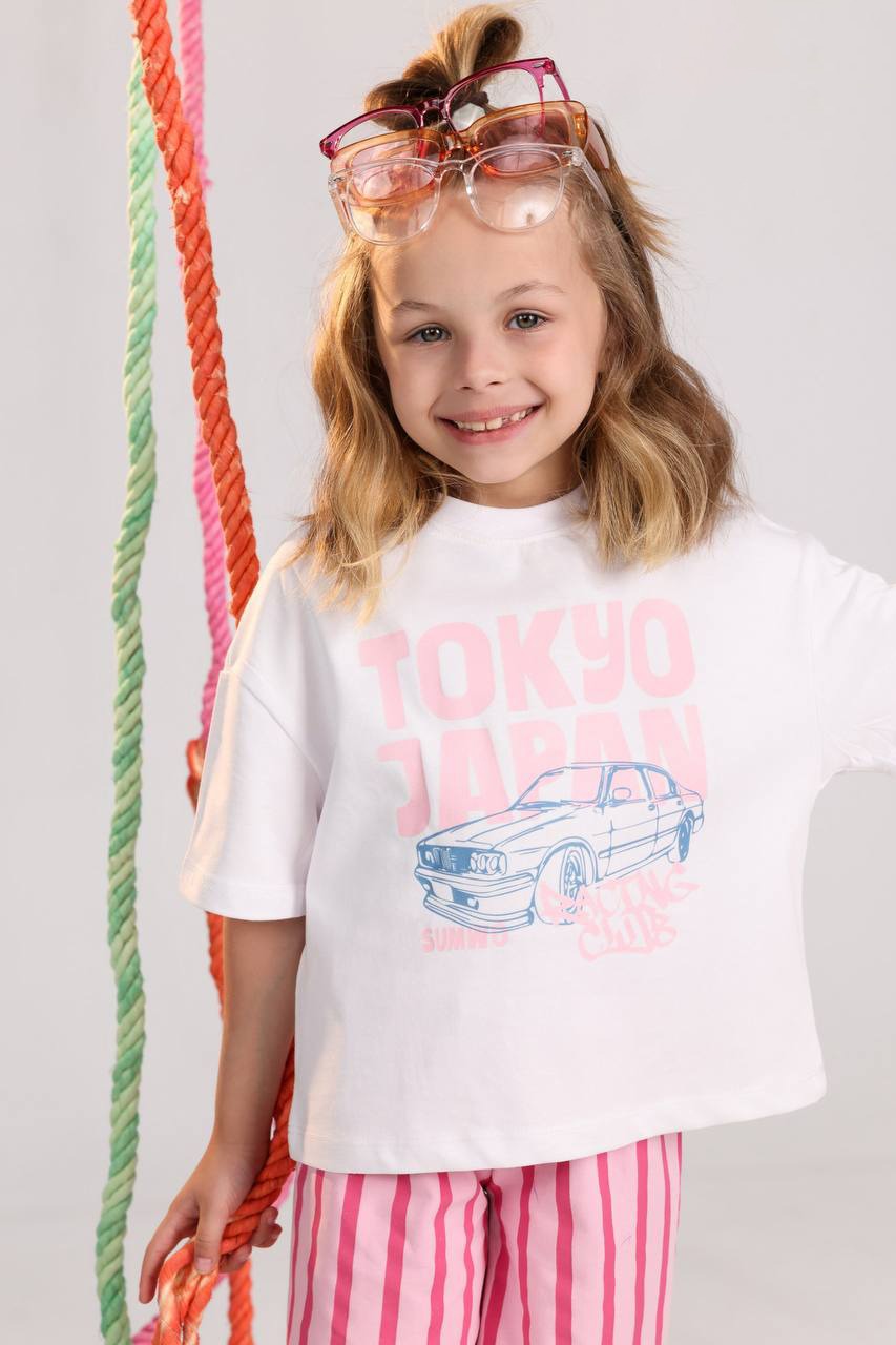 Girls Tokyo Japan Summer Set – White Graphic T-Shirt & Pink Striped Shorts