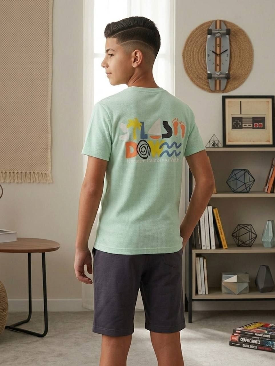 Boys mint green graphic t-shirt and grey shorts summer set - Kikidoo Kids Egypt