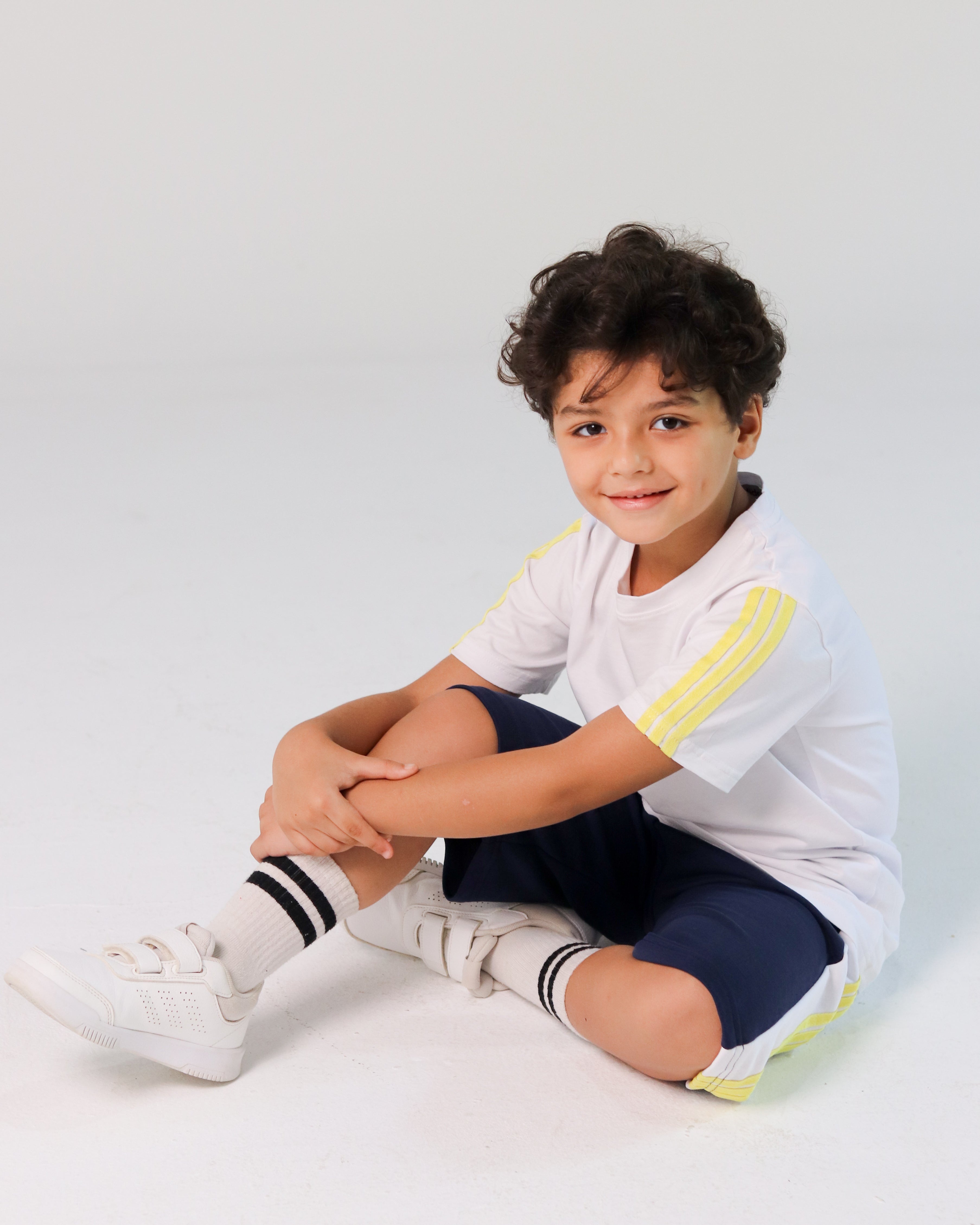 Adidas-Inspired Boys’ Summer Set – White Tee with Yellow Stripes & Navy Shorts
