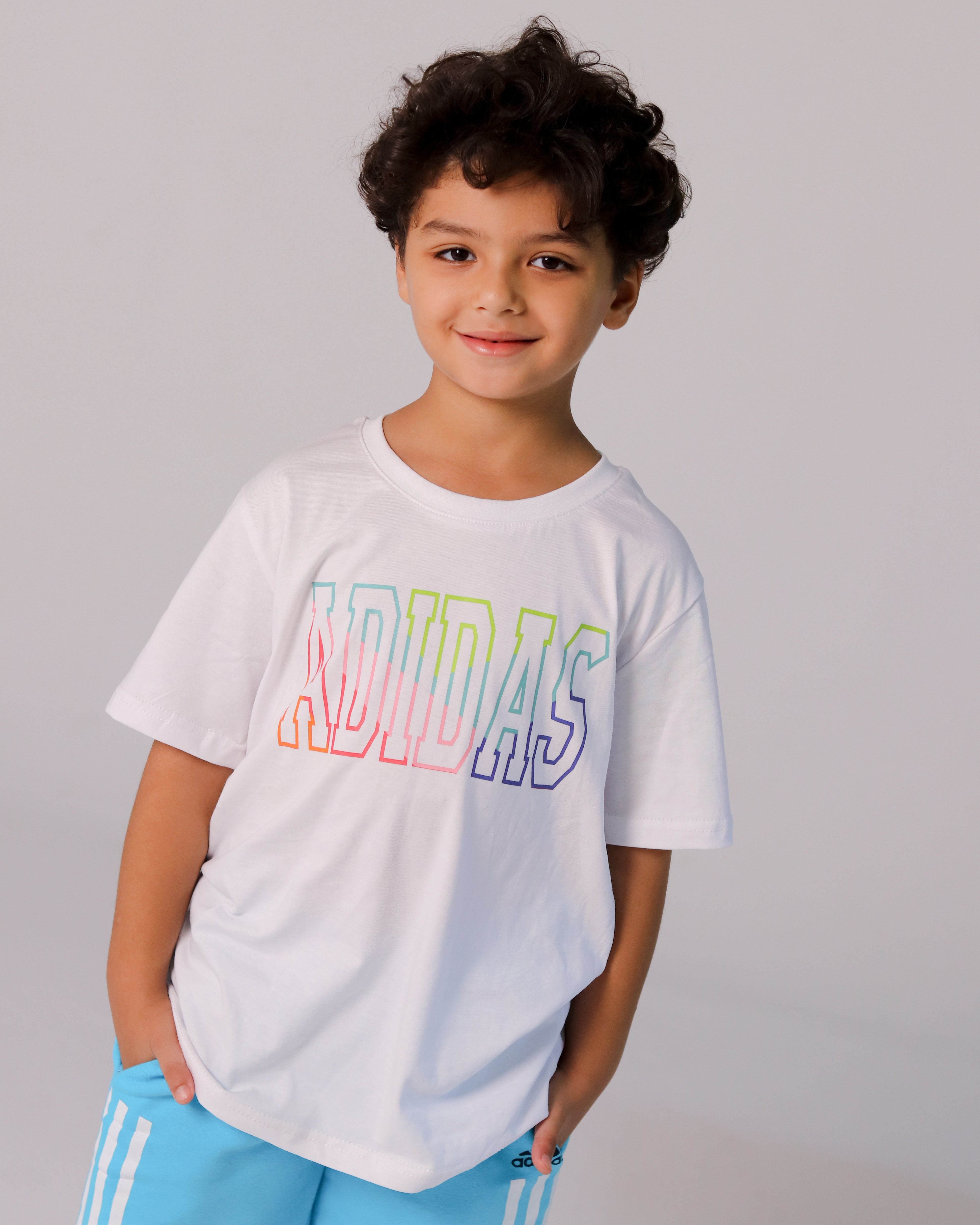 Adidas Boys’ Summer Set – White Rainbow Logo Tee & Aqua Blue Shorts