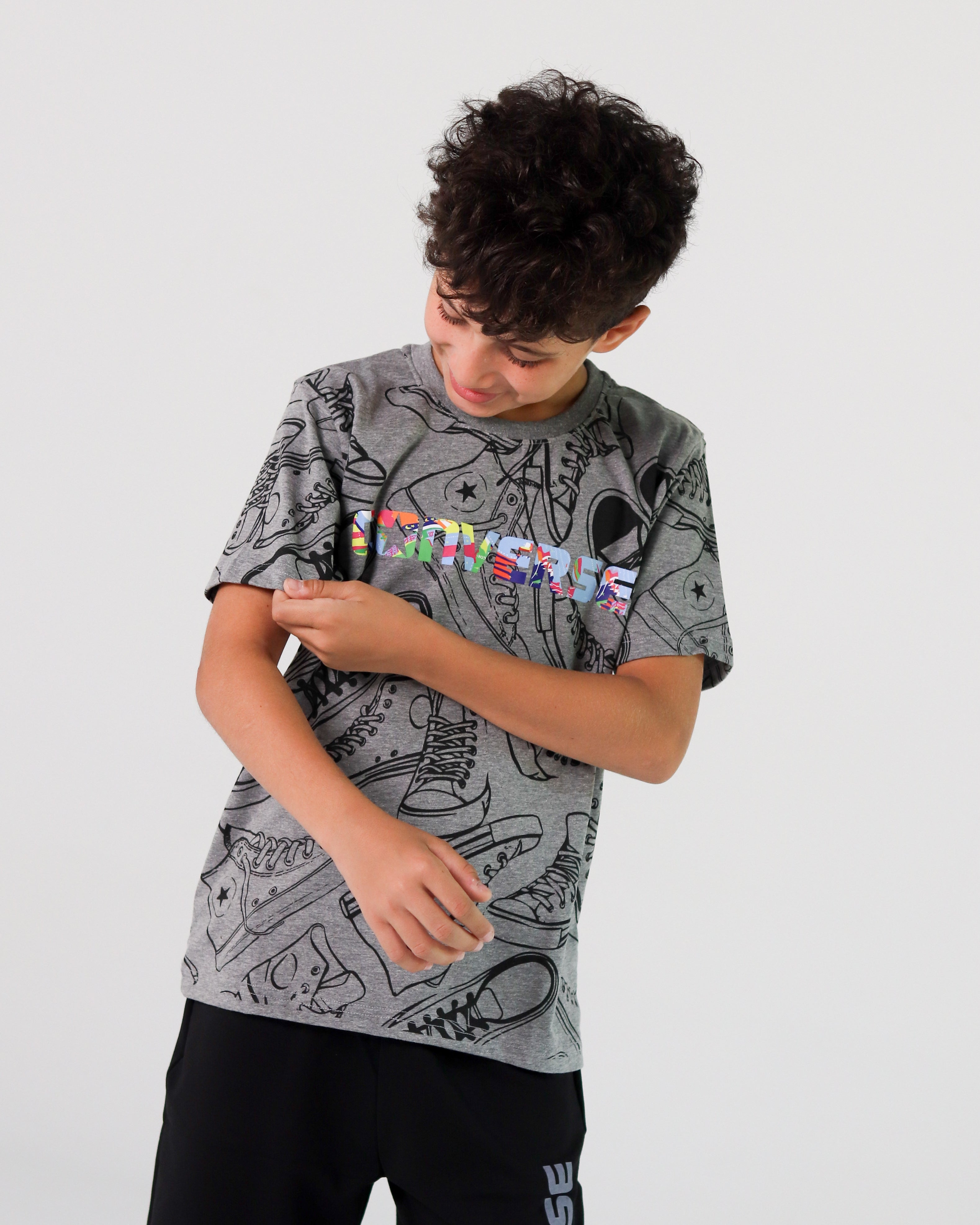 Boys’ Converse Graphic Sports Set – Grey Tee & Black Shorts for Basketball & Play