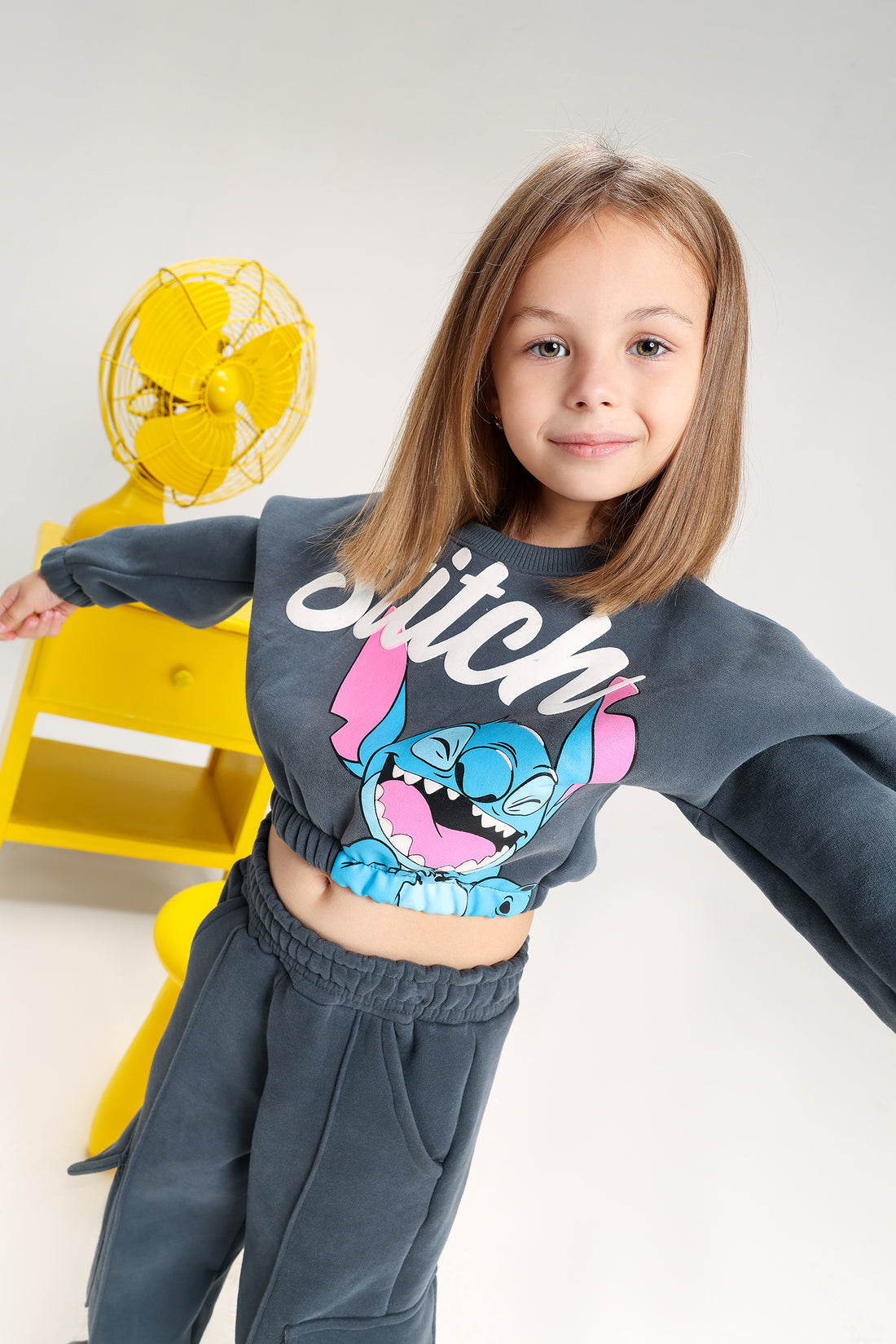 Girls’ Stitch Melton Cotton Winter Tracksuit – 2-Piece Crop Sweatshirt & Cargo Pants Set (Dark Grey)