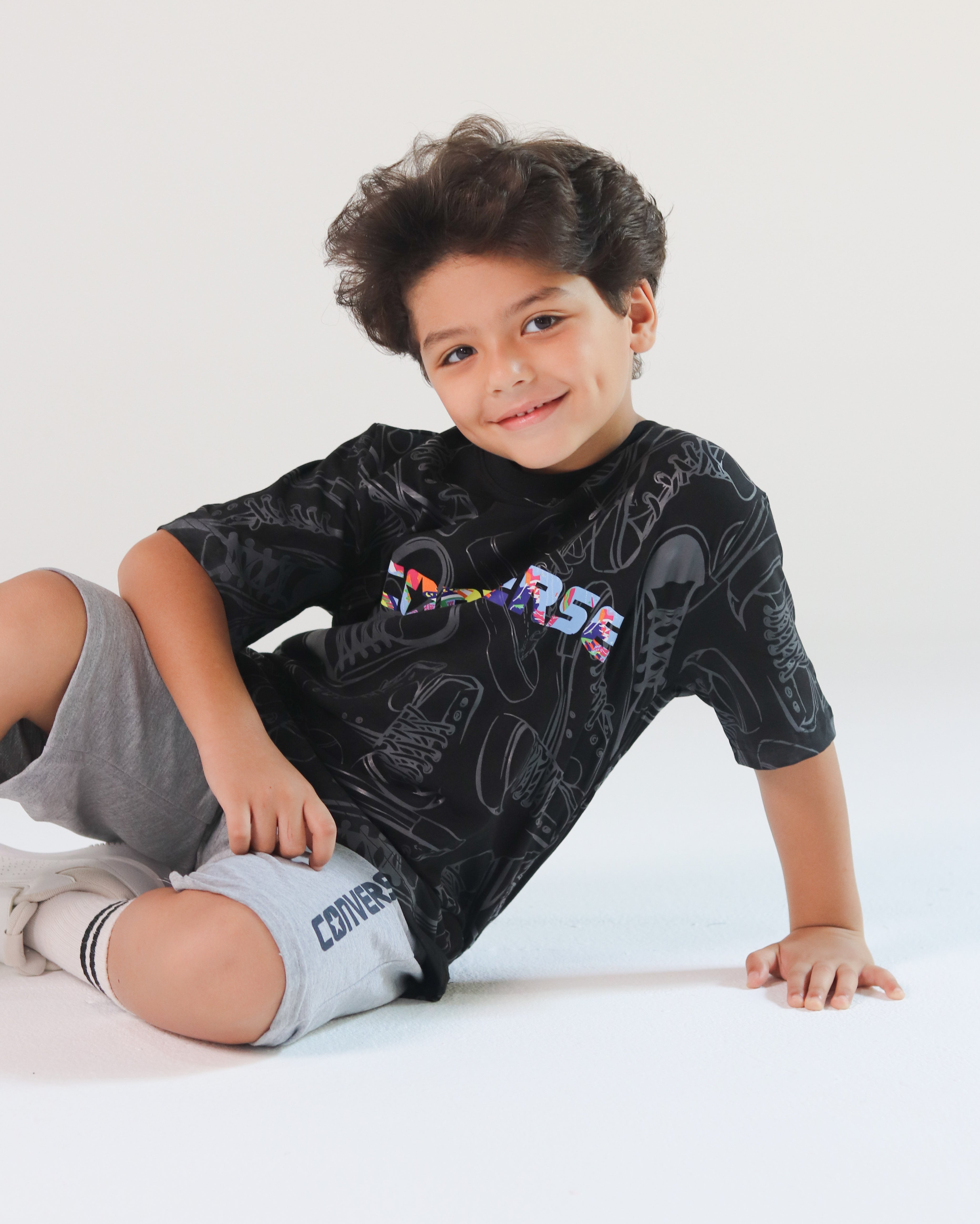 Boys’ Converse Graphic Sports Set – Grey Tee & Black Shorts for Basketball & Play