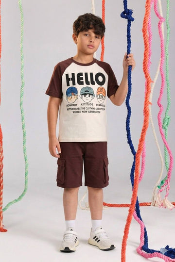 Boys Graphic Summer Set – Cream Printed T-Shirt & Brown Cargo Shorts