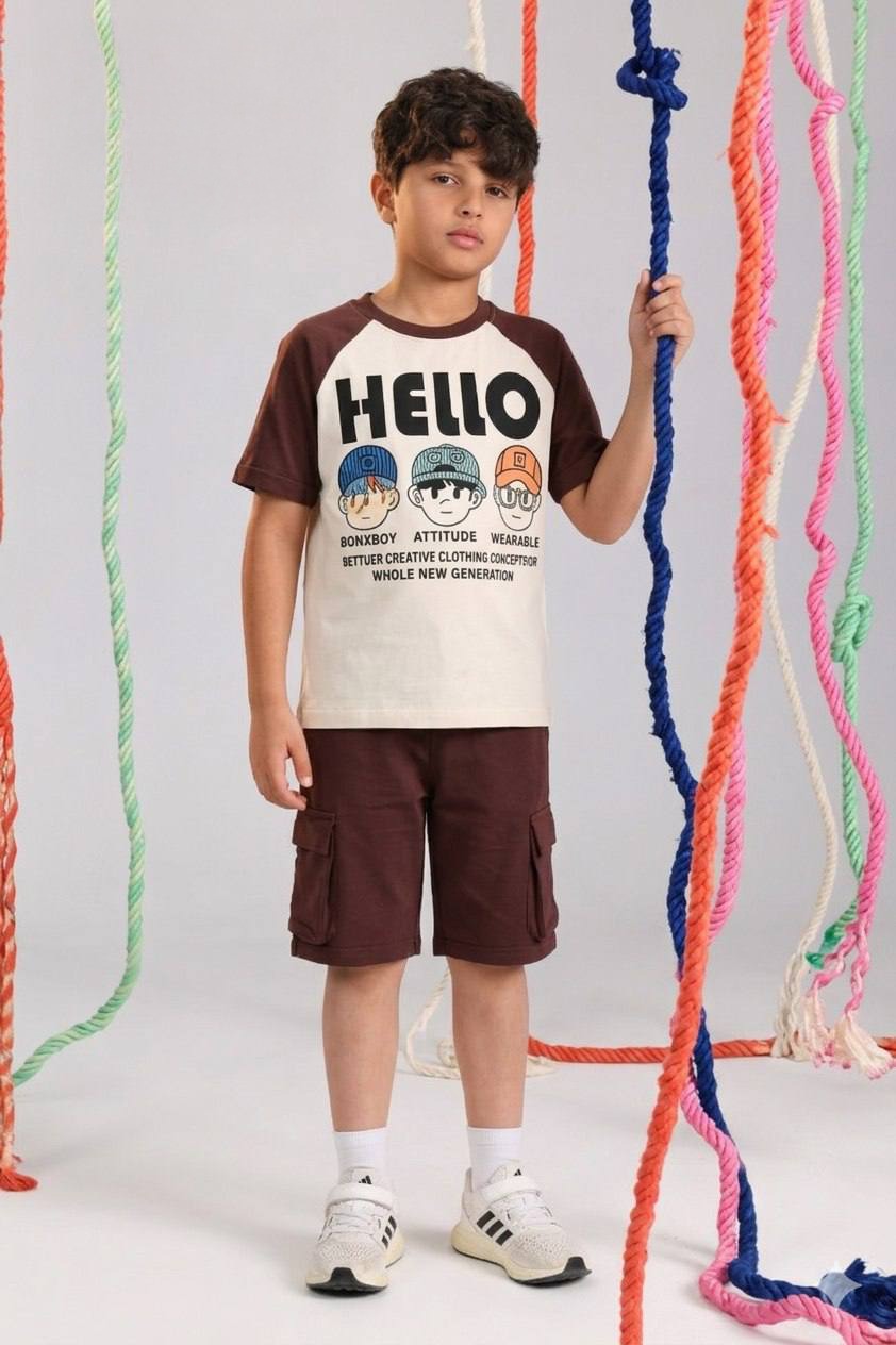 Boys Graphic Summer Set – Cream Printed T-Shirt & Brown Cargo Shorts