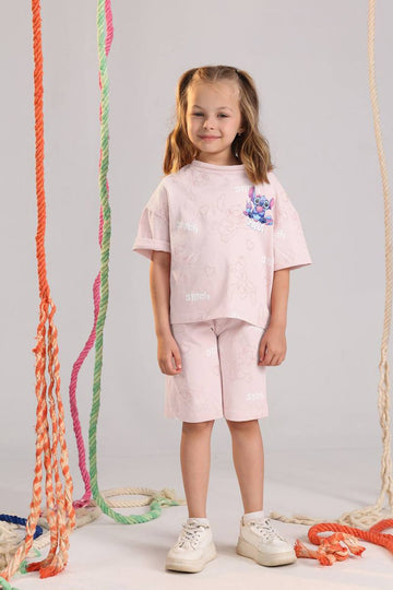 Girls Stitch Ohana Summer Set – Pink Oversized T-Shirt & Shorts