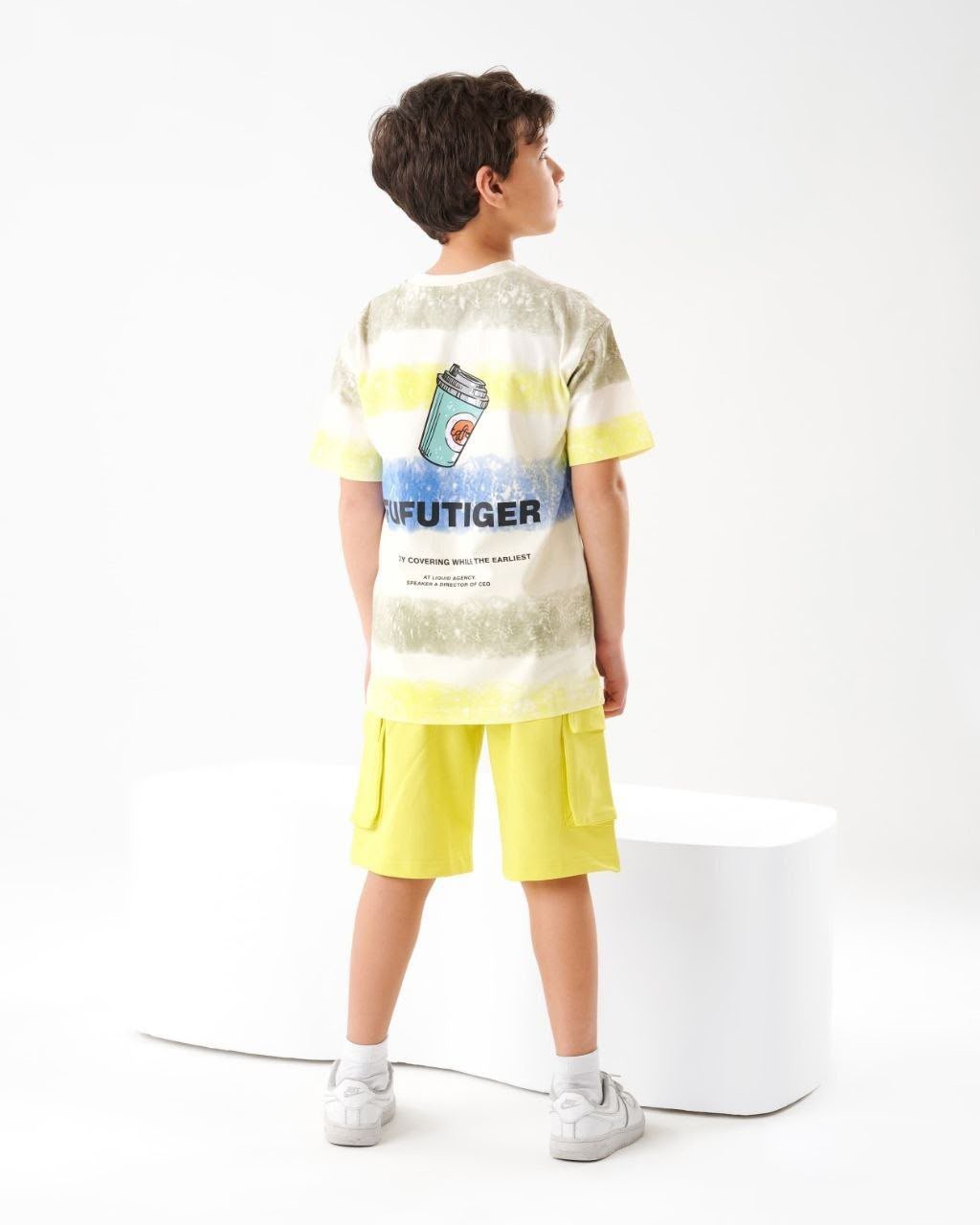 Boys Oversized Striped T-Shirt & Neon Yellow Cargo Shorts Set
